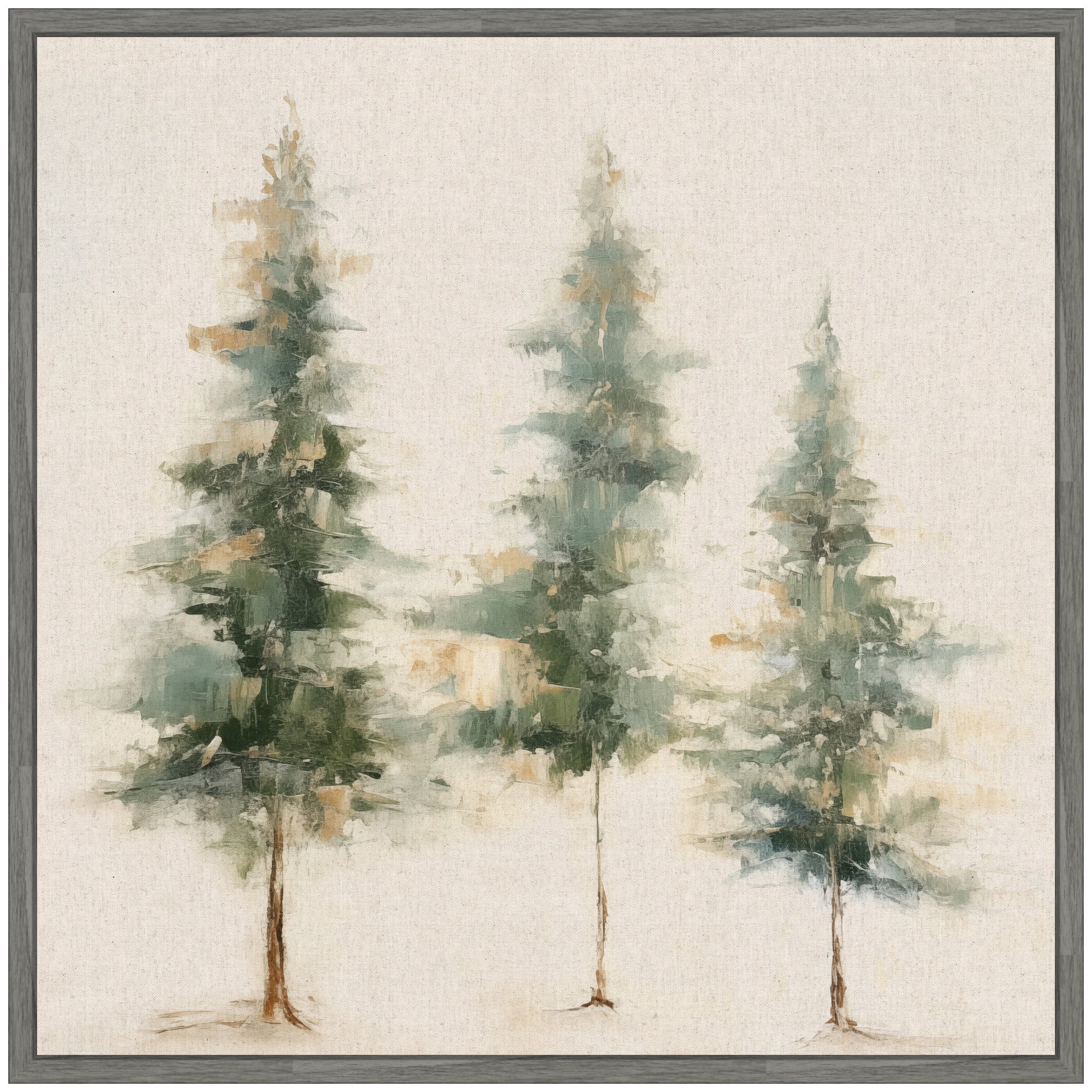 Sylvie Abstract Forest Evergreen Trees on Neutral Linen Framed Canvas by The Creative Bunch Studio