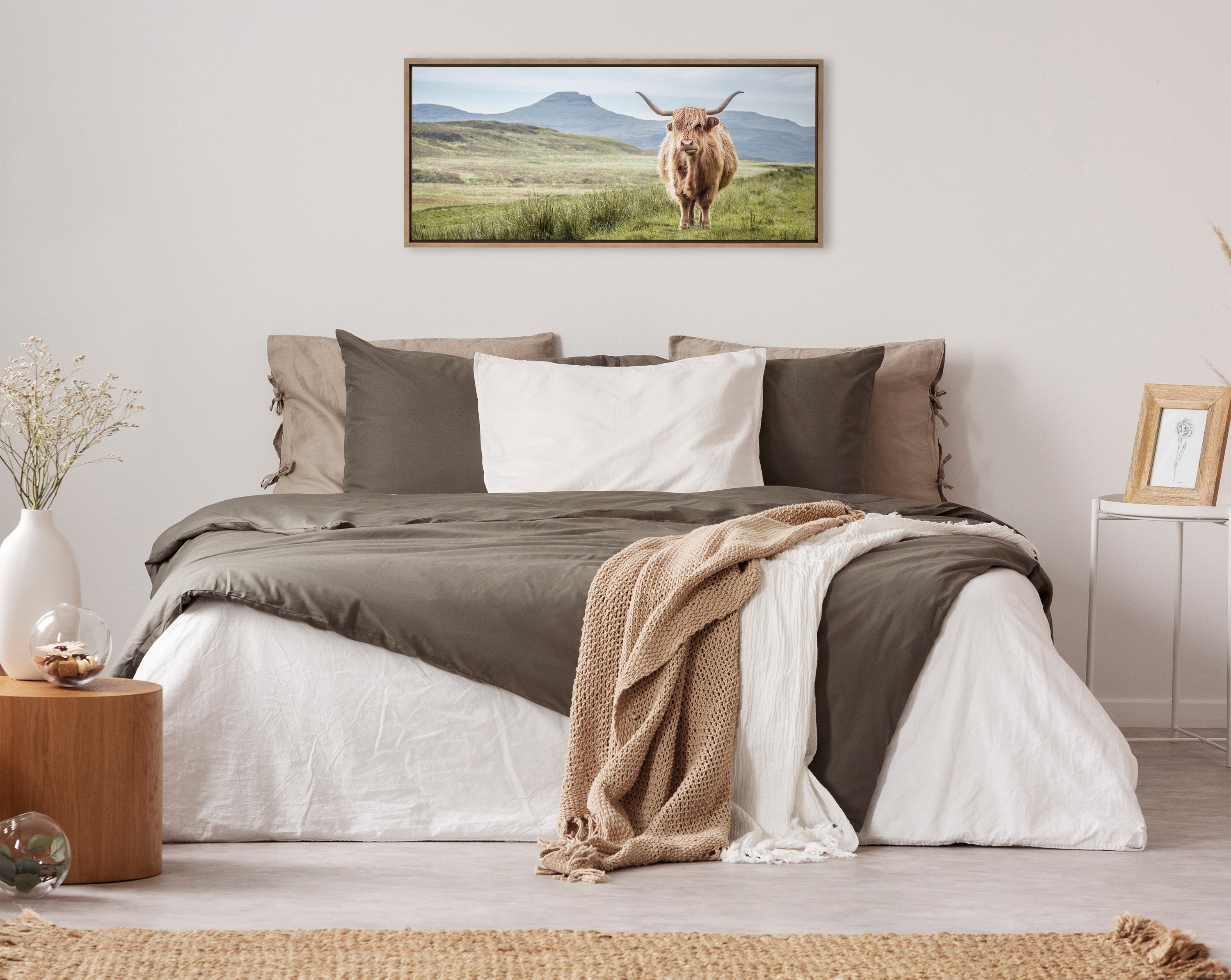 Sylvie Highland Cow Mountain Landscape Framed Canvas by The Creative Bunch Studio