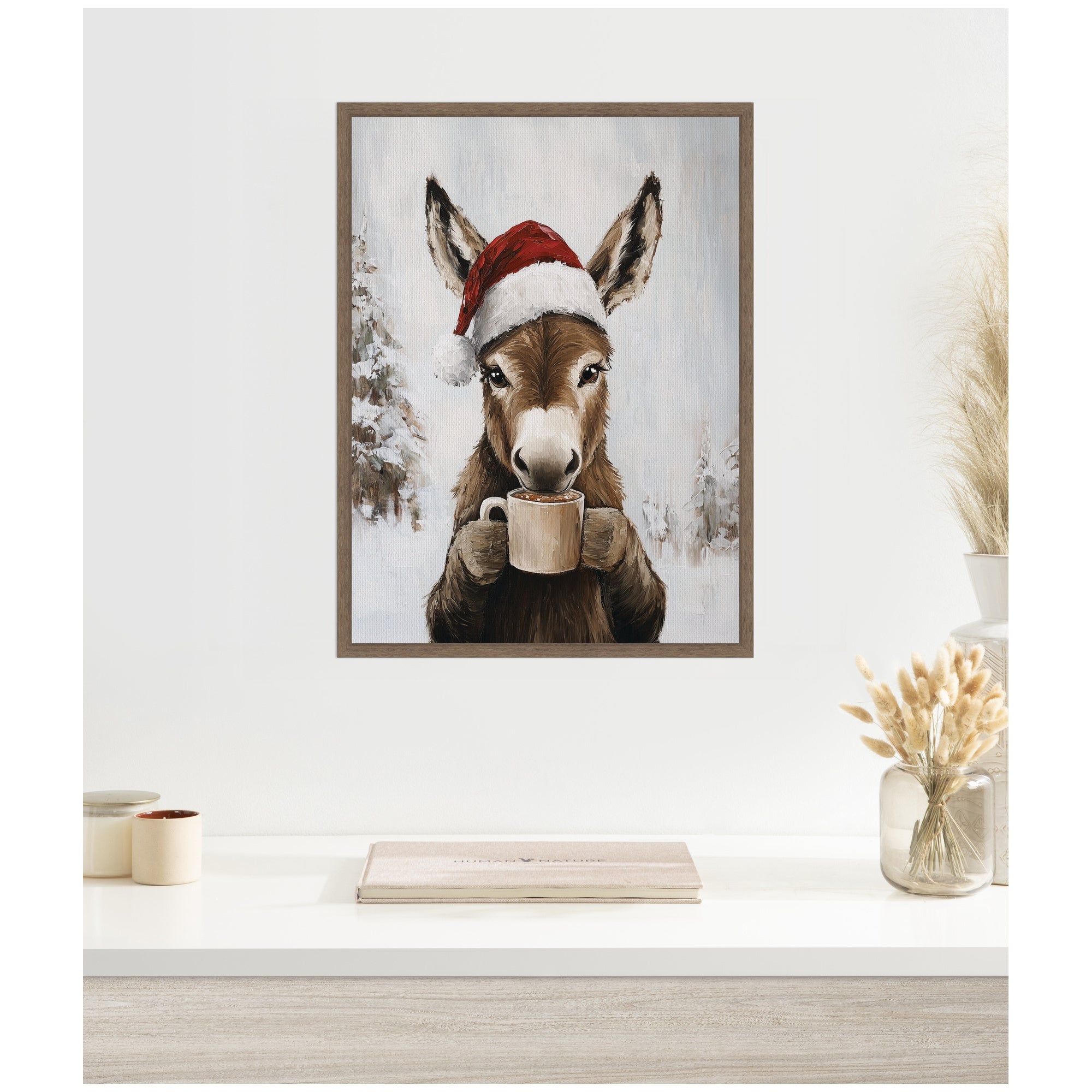 Sylvie Framed Canvas Donkey Winter Hot Cocoa by The Creative Bunch Studio
