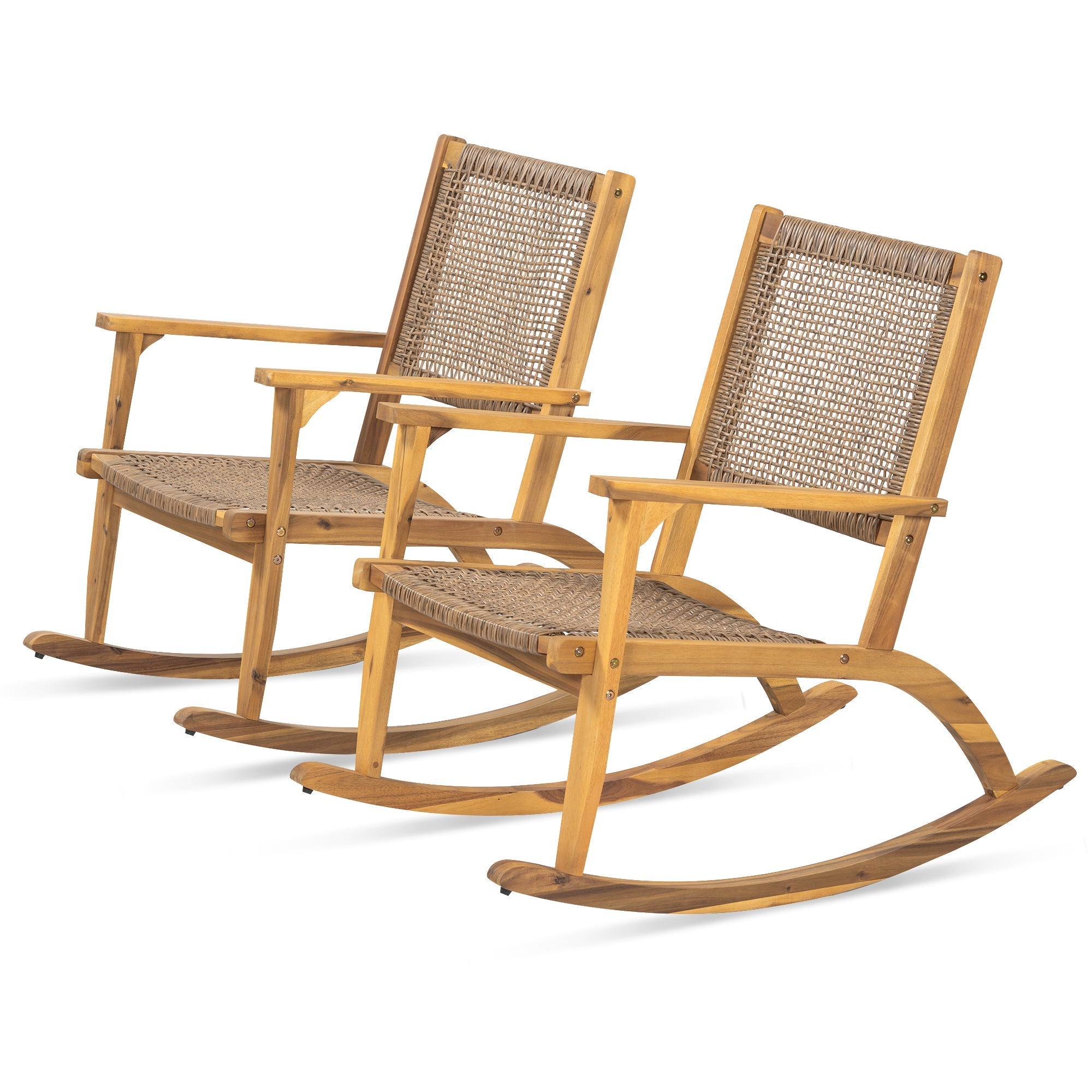 GO 2 Pieces Patio Rocking Chair Set, Natural Acacia Wood and Wicker