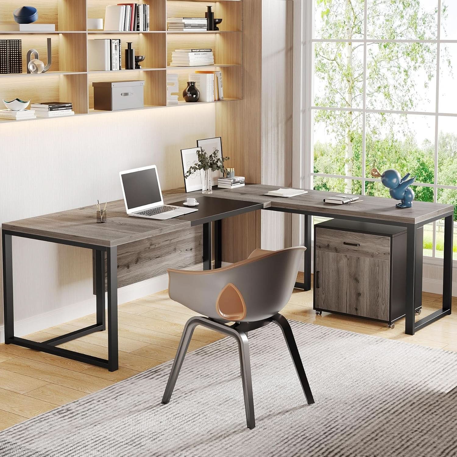 Extra Large L Shaped Executive Desk Retro Gray Drawer Cabinet
