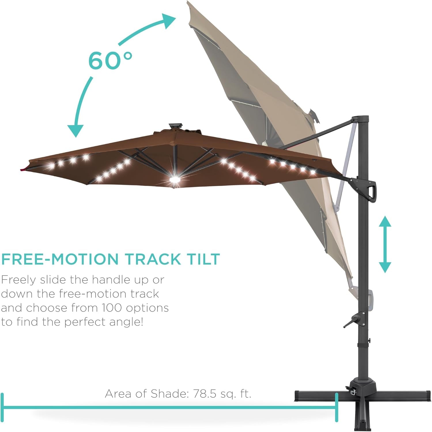10Ft Solar LED Cantilever Patio Umbrella With 360 Degree Rotation And Integrated Lights