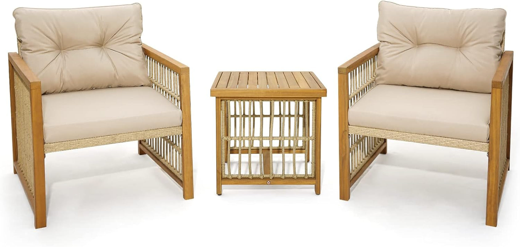 3 Piece Acacia Wood Patio Furniture Set With Beige PE Wicker Cushioned Chairs And Coffee Table