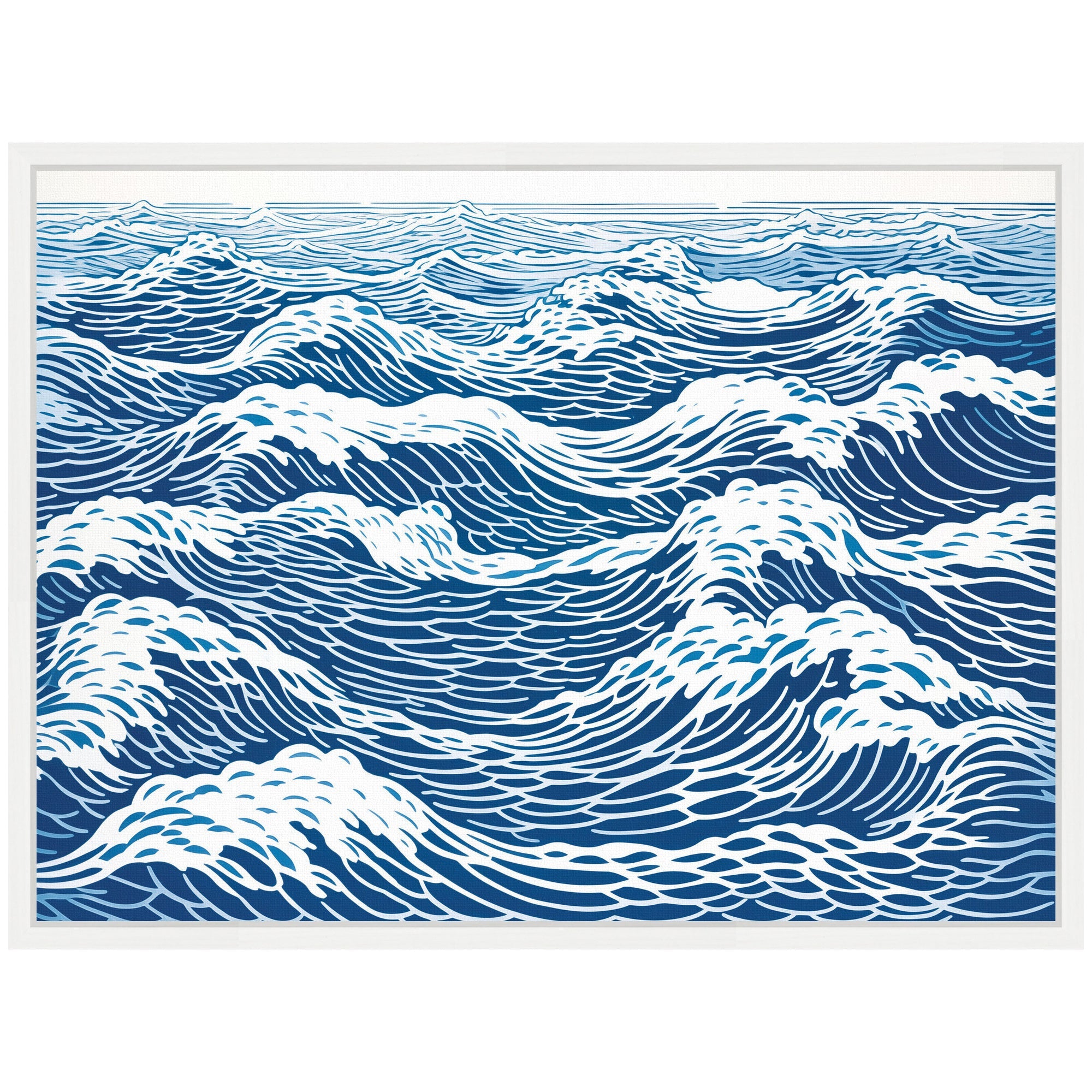Sylvie Linocut Abstract Waves Blue and White Framed Canvas by The Creative Bunch Studio
