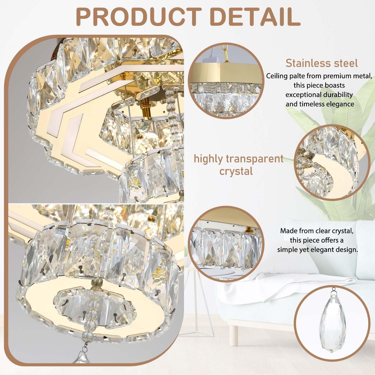 Gold Crystal Chandelier TwelveInch Dimmable Flush Mount-1