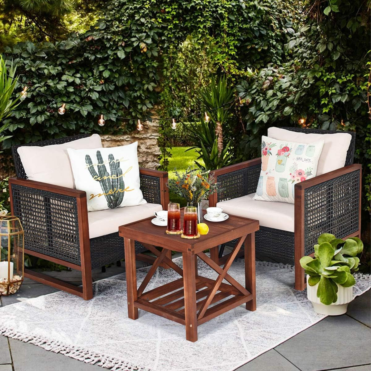 3 Piece Patio Wicker Furniture Set With Beige Washable Cushions And Acacia Wood Coffee Table