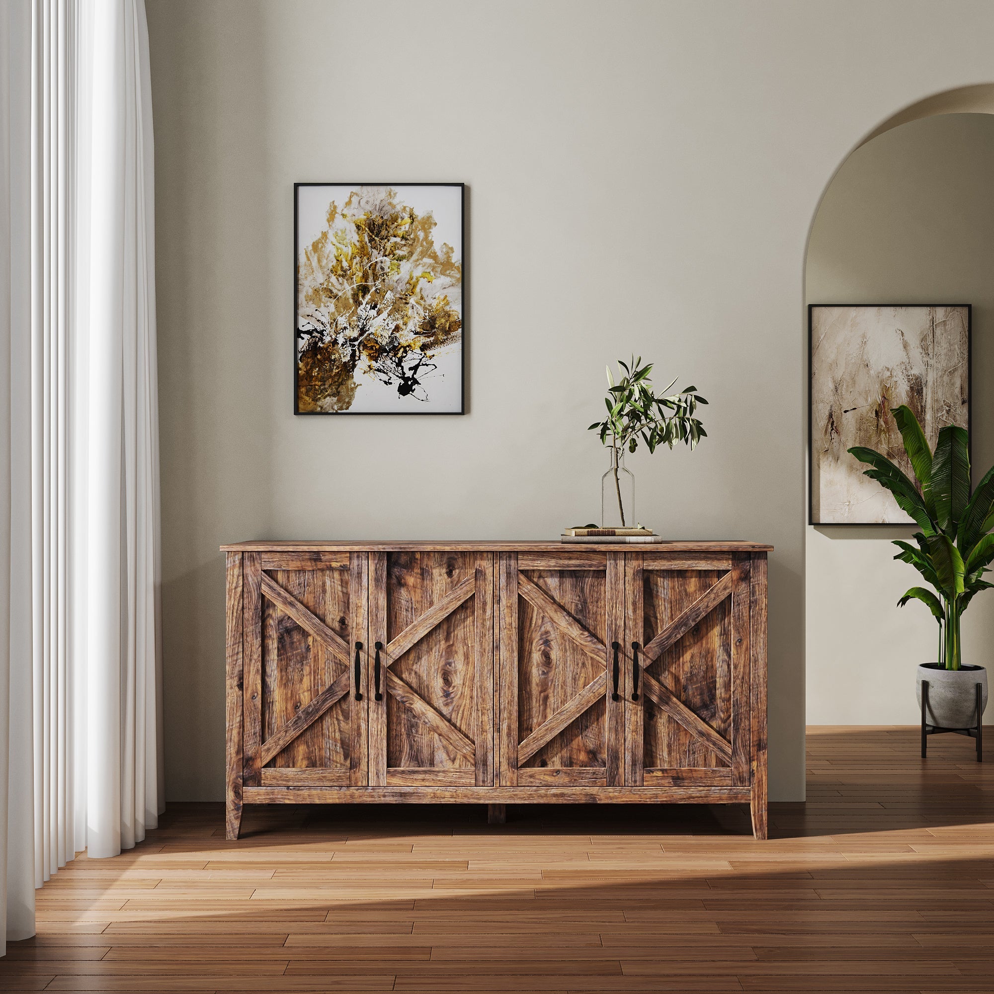 Cabinet with 4 Doors and 4 Open Shelves Freestanding Sideboard