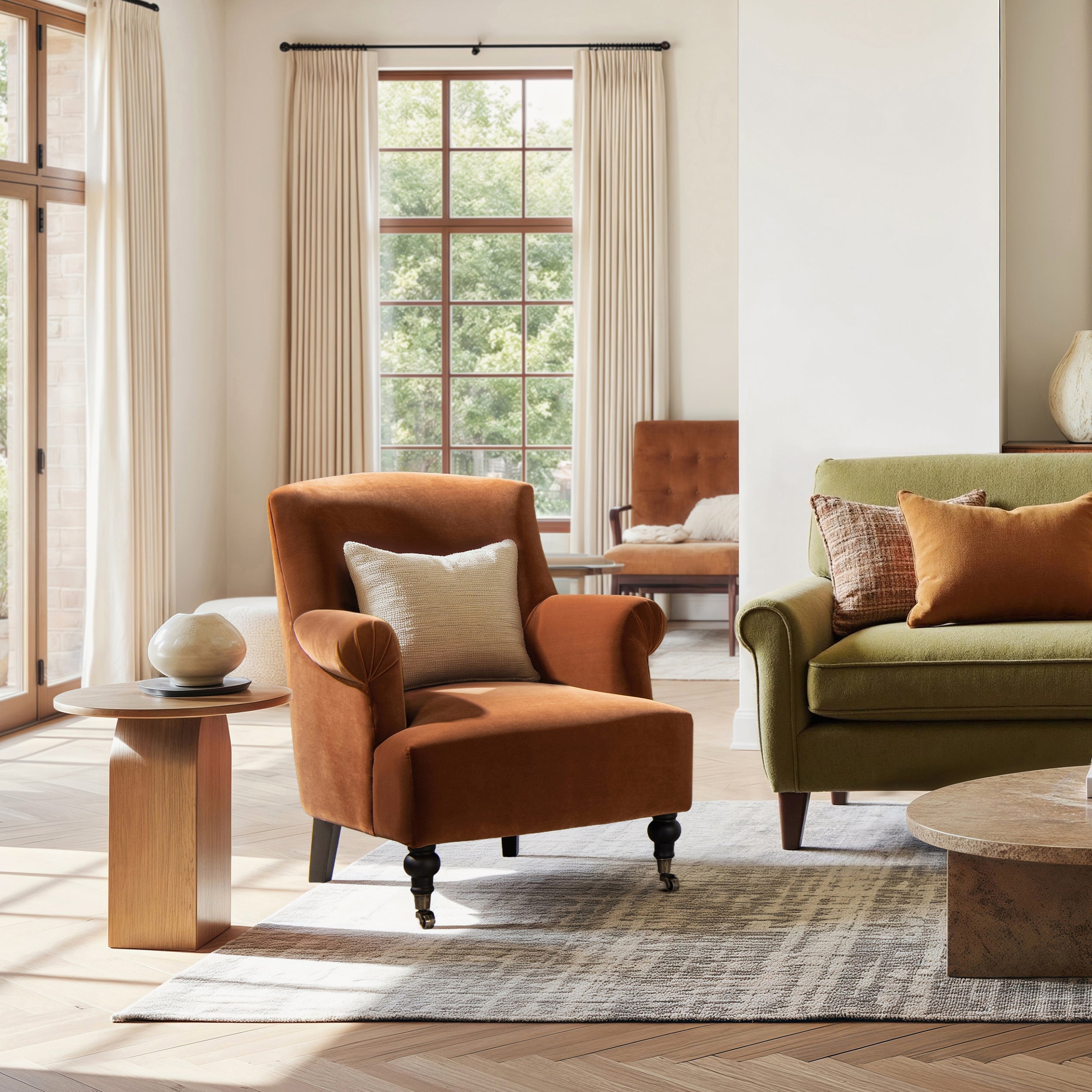 Eloise 30' Pleated Sock Arm Accent Armchair, Burnt Orange Performance Velvet