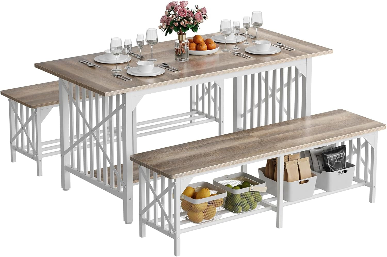 Sixty Three Inch Washed Grey Industrial Style Storage Dining Table