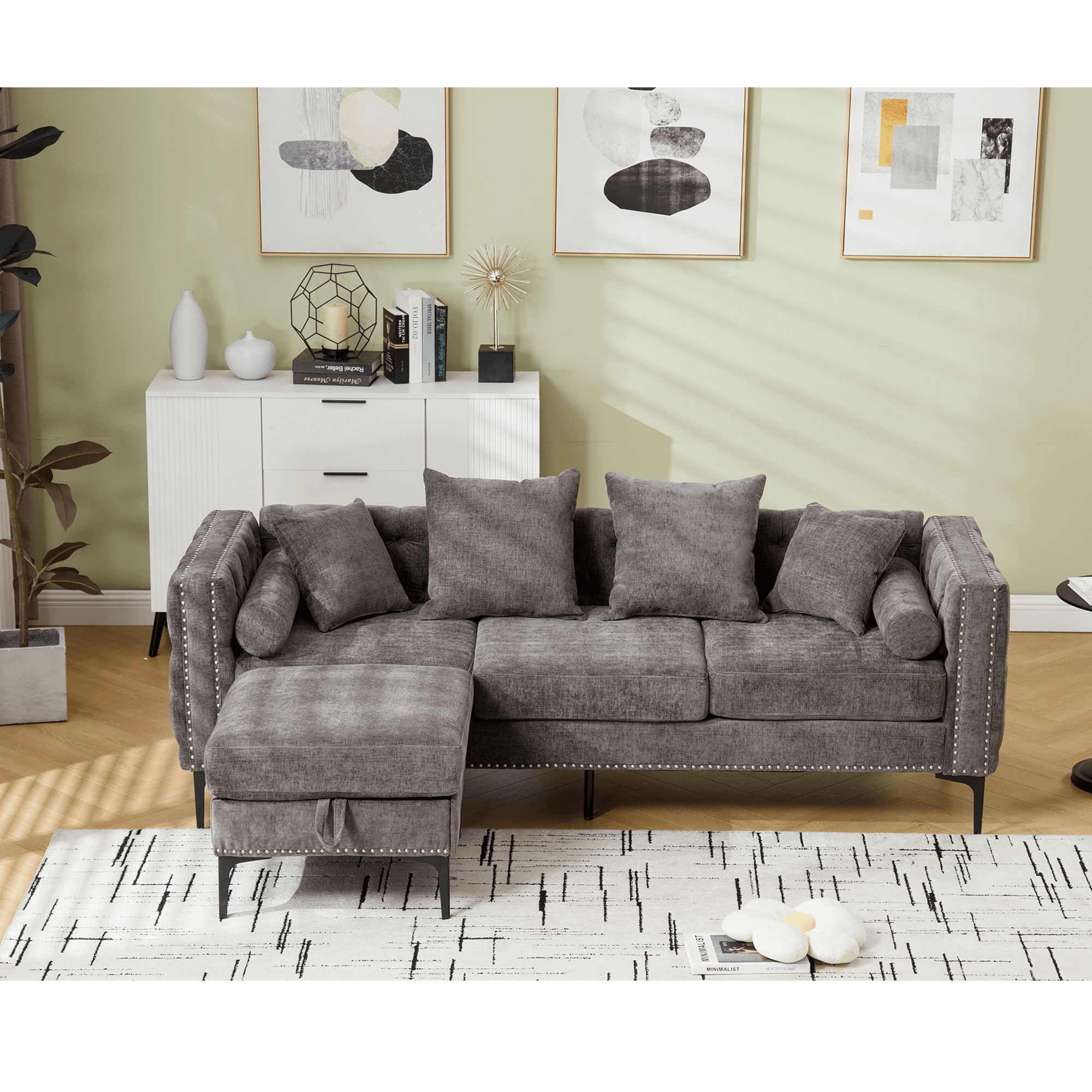 L Shaped Sectional Convertible Sofa with Storage Ottoman and Modern Tufted style - PRHOMZ