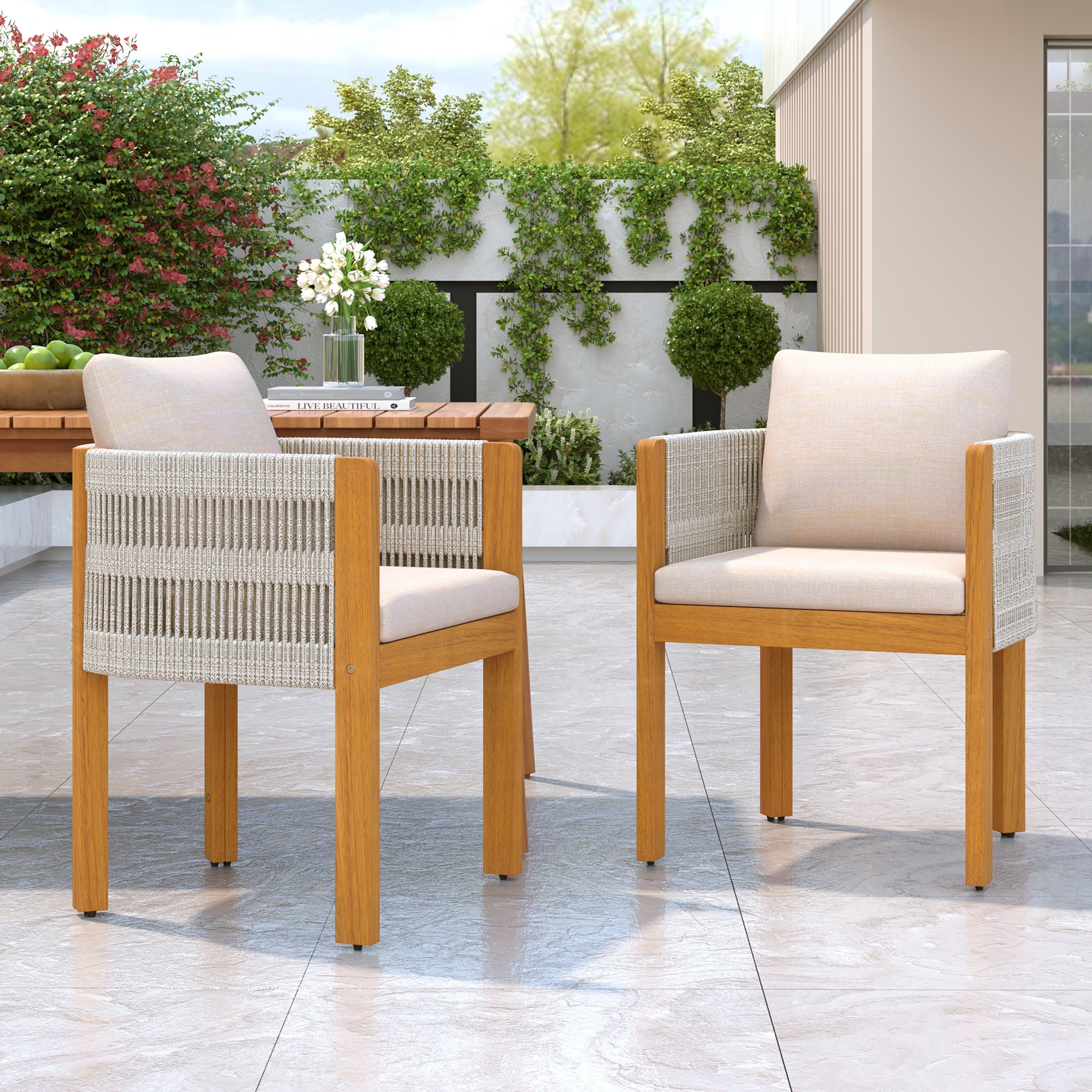 Acacia Wood Outdoor Dining Chairs 2-Pack with Beige Cushions