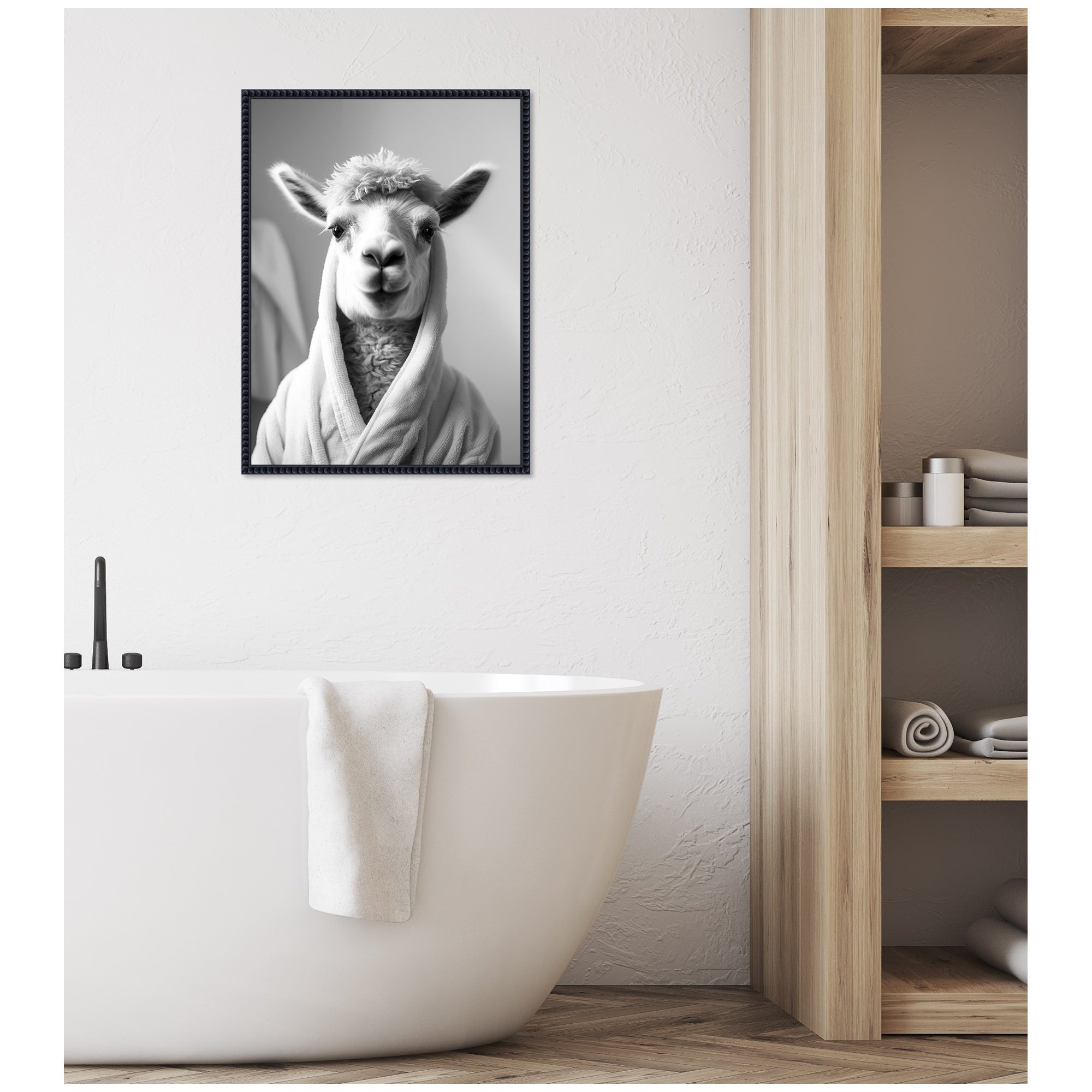 Sylvie Llama Bathroom Art Towel Robe Black and White Framed Canvas by The Creative Bunch Studio