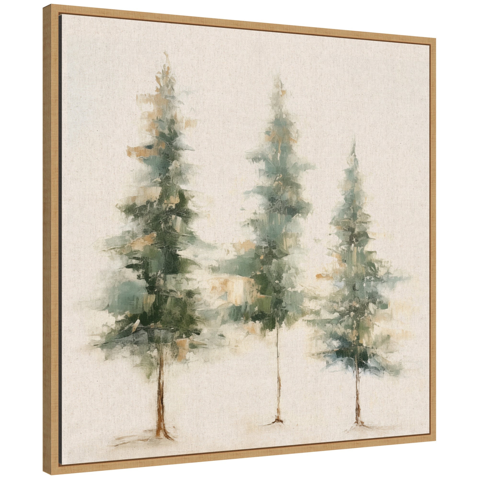 Sylvie Abstract Forest Evergreen Trees on Neutral Linen Framed Canvas by The Creative Bunch Studio