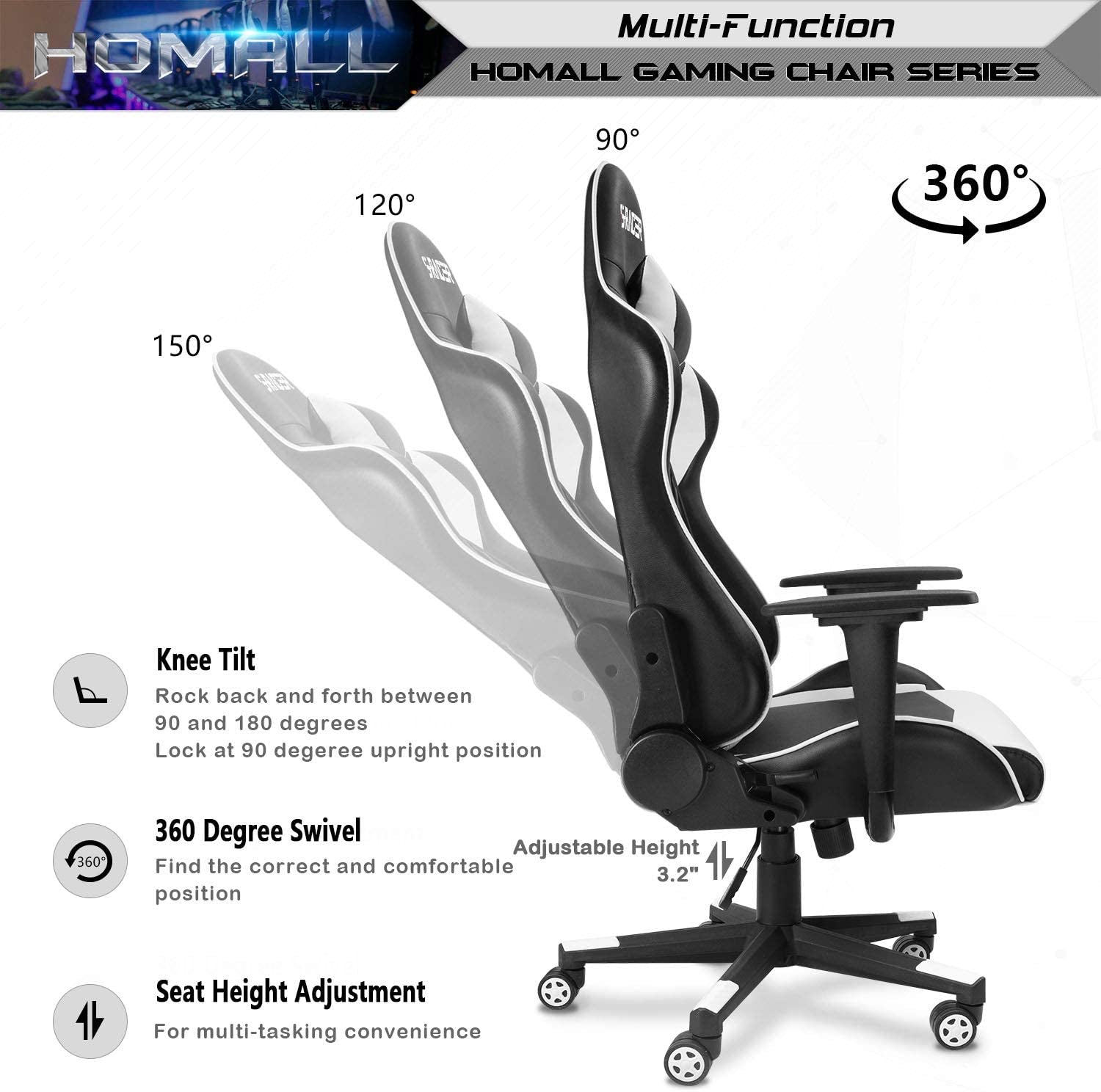 White Leather Ergonomic Gaming Chair With Lumbar Support