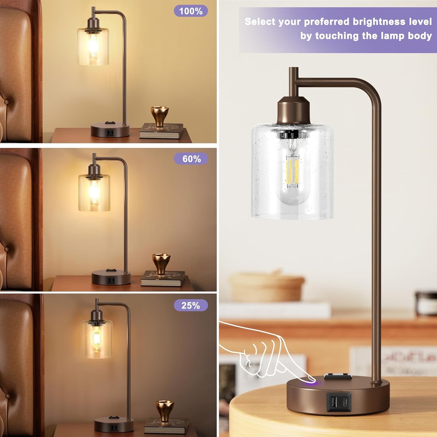 Brown Table Lamps 3-Way Dimmable With USB Ports Set Of 2