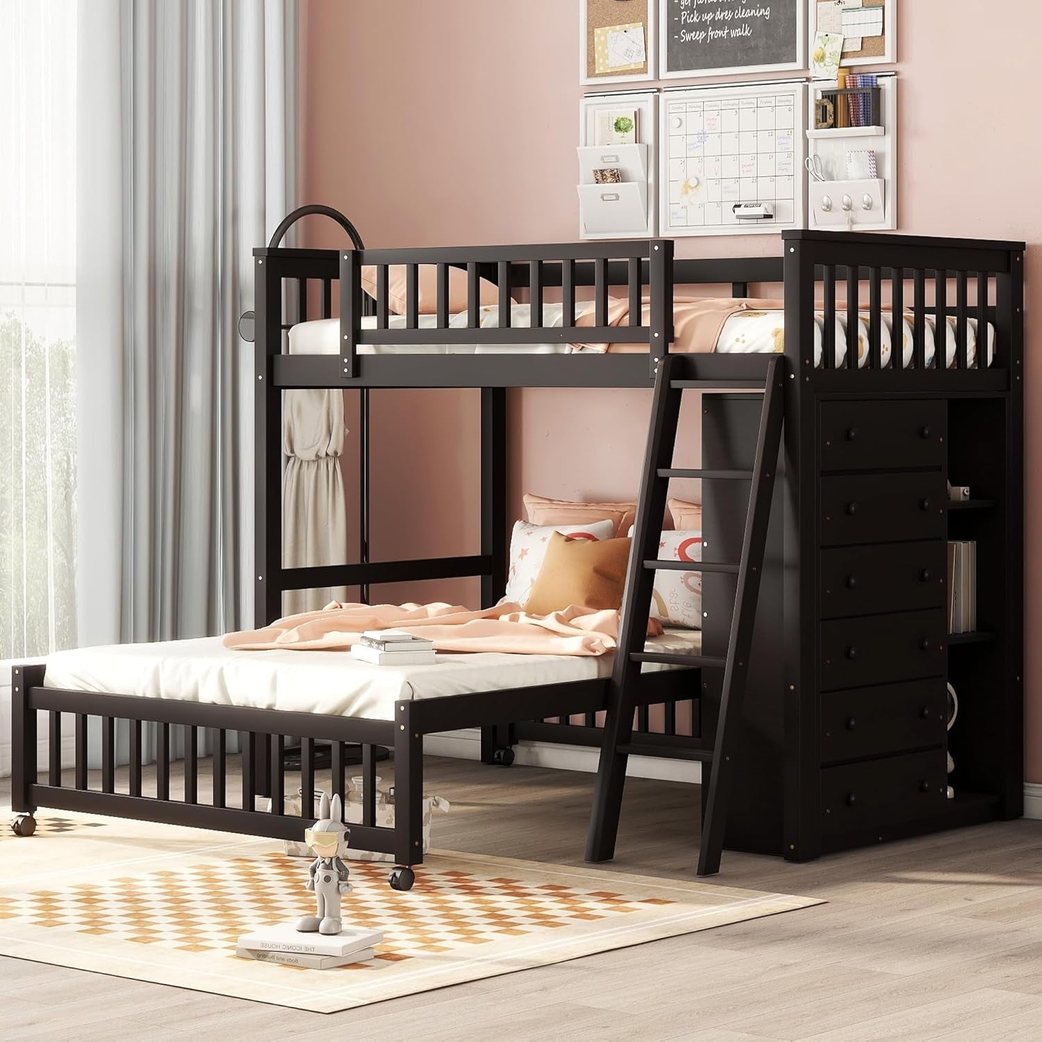 Espresso Twin Over Full Bunk Bed With Six Drawers Shelves