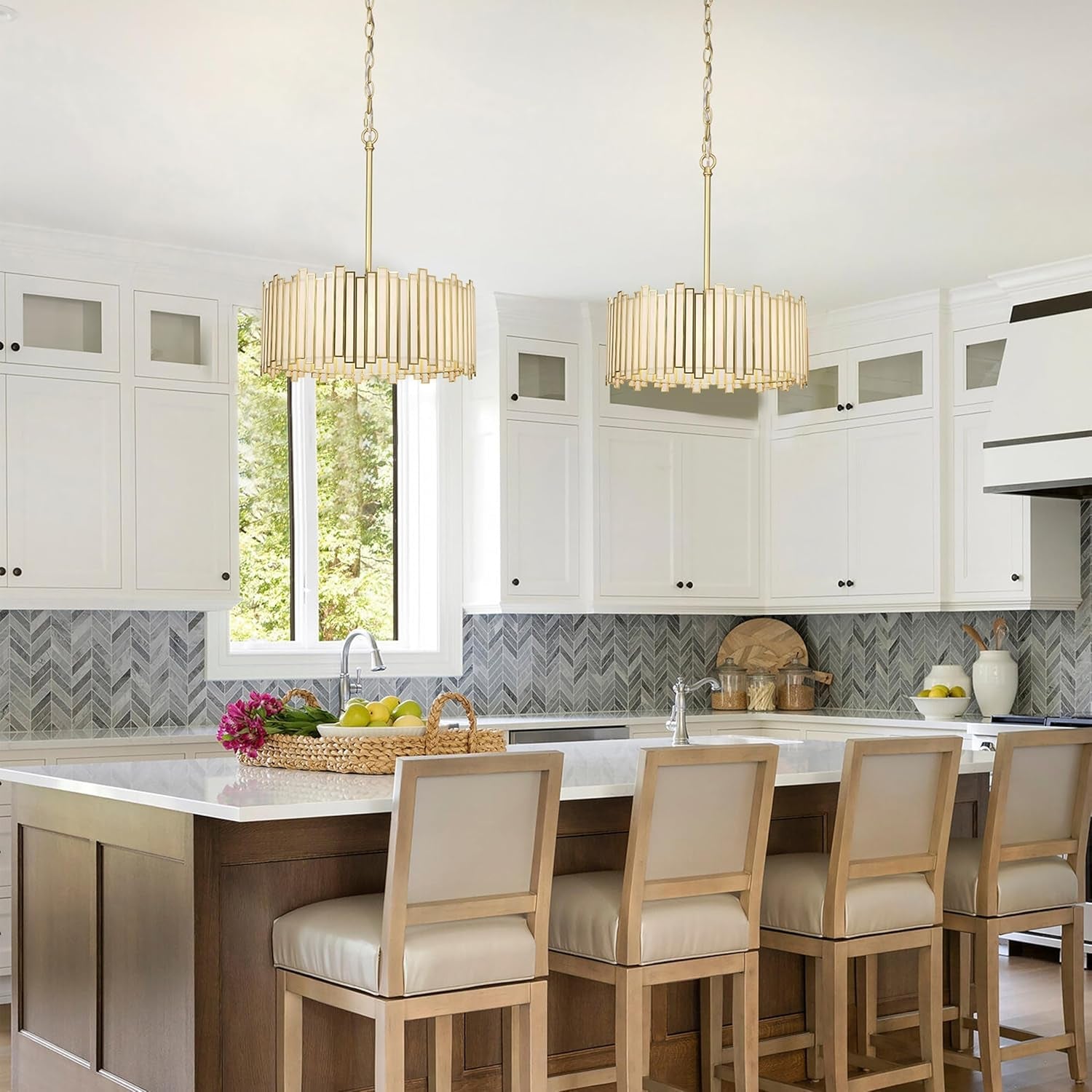 Gold Drum Chandelier Pendant Fixture Tiffany Glass-4