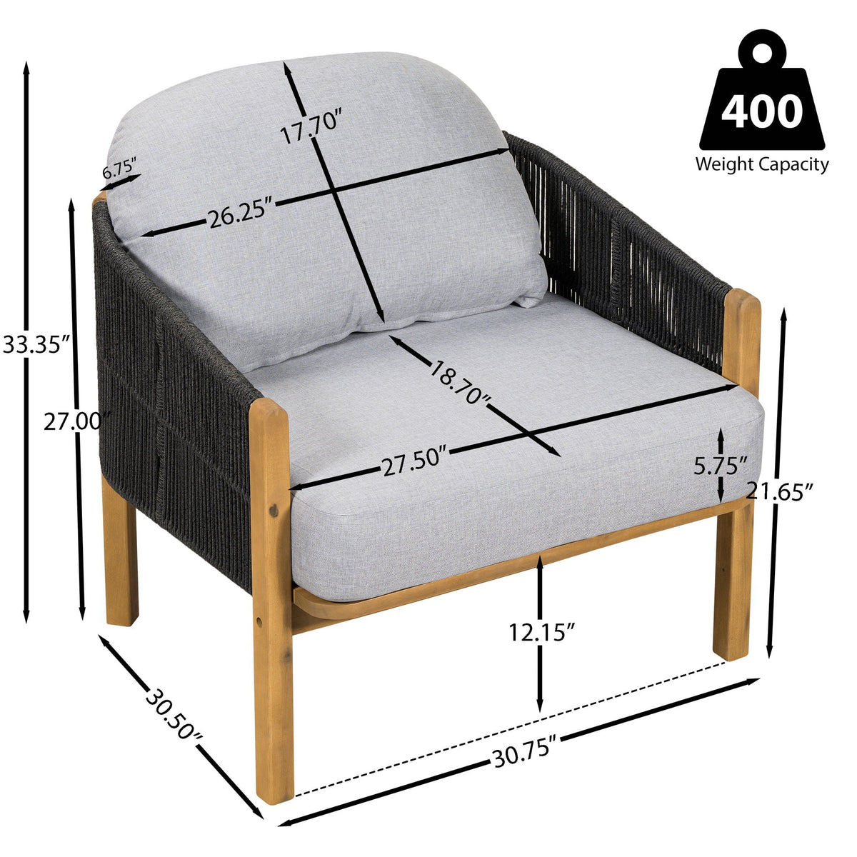 Grotta Outdoor Wood Club Chair Set of 2 with Woven Rope Detail - Gray or Beige
