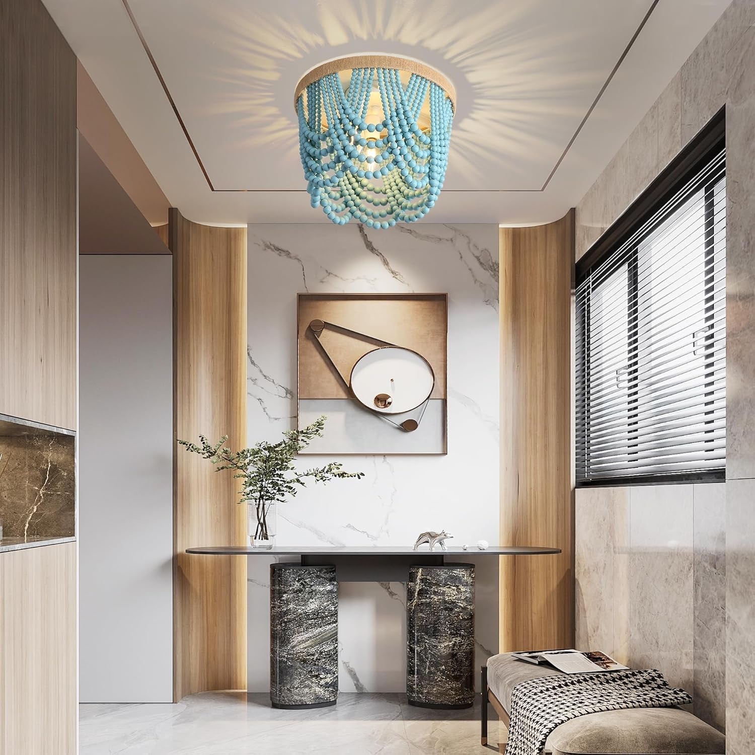 Boho Wood Bead Chandelier 3 Light Fixture Blue 12.6x9.3 In