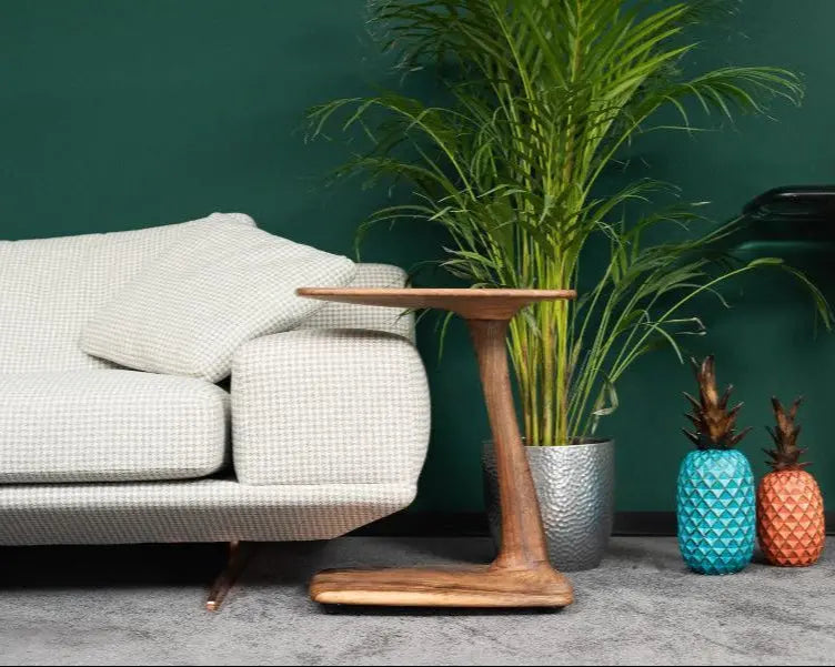 C-Shaped Walnut & Resin End Table with Wheels