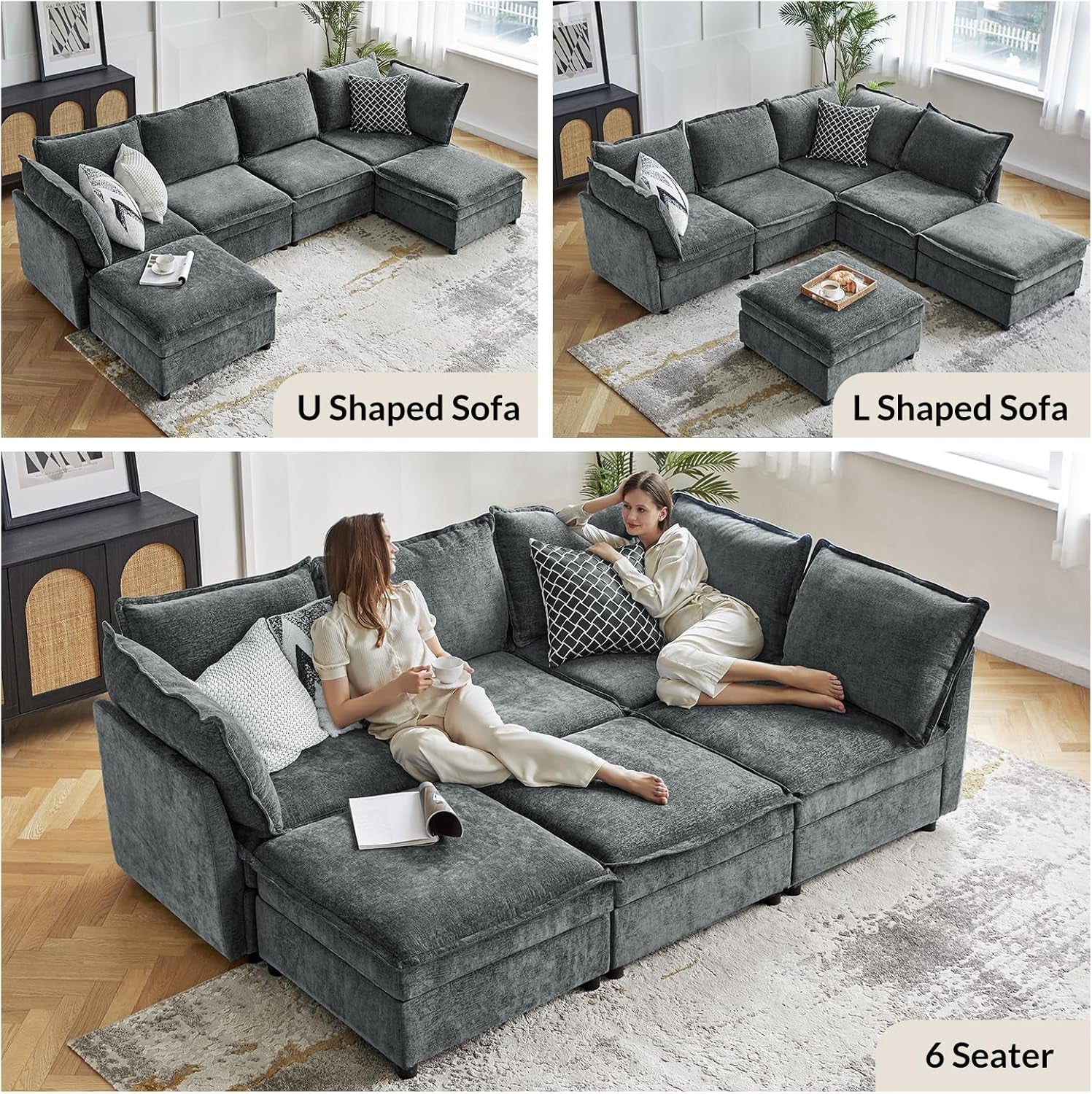 127 Inch Grey Modular Sectional Sofa With Storage Ottoman