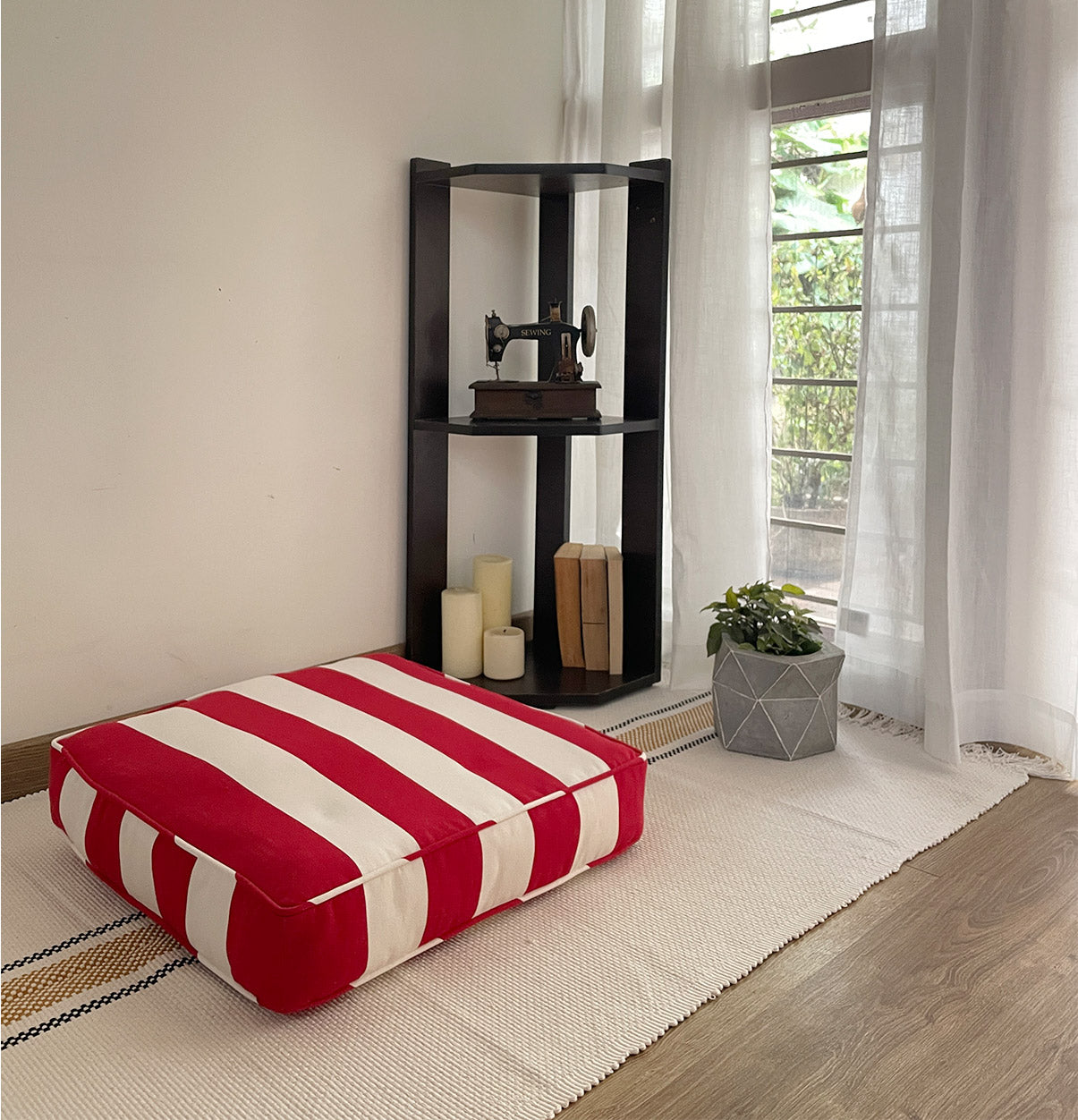 Large Striped Floor Cushion (20x20") for Lounging & Relaxation - Red & White Stripes - 100% Cotton - Eco-Friendly (Copy)-3