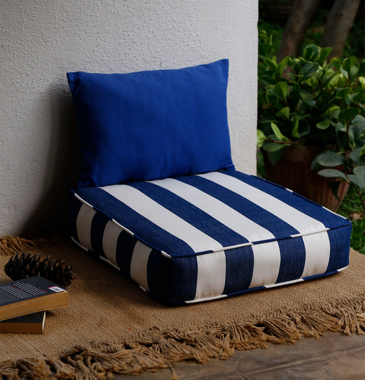 Large Square Floor Cushion | 100% Cotton | Thick & Comfortable | Blue & White Stripes | For Yoga & Meditation-0