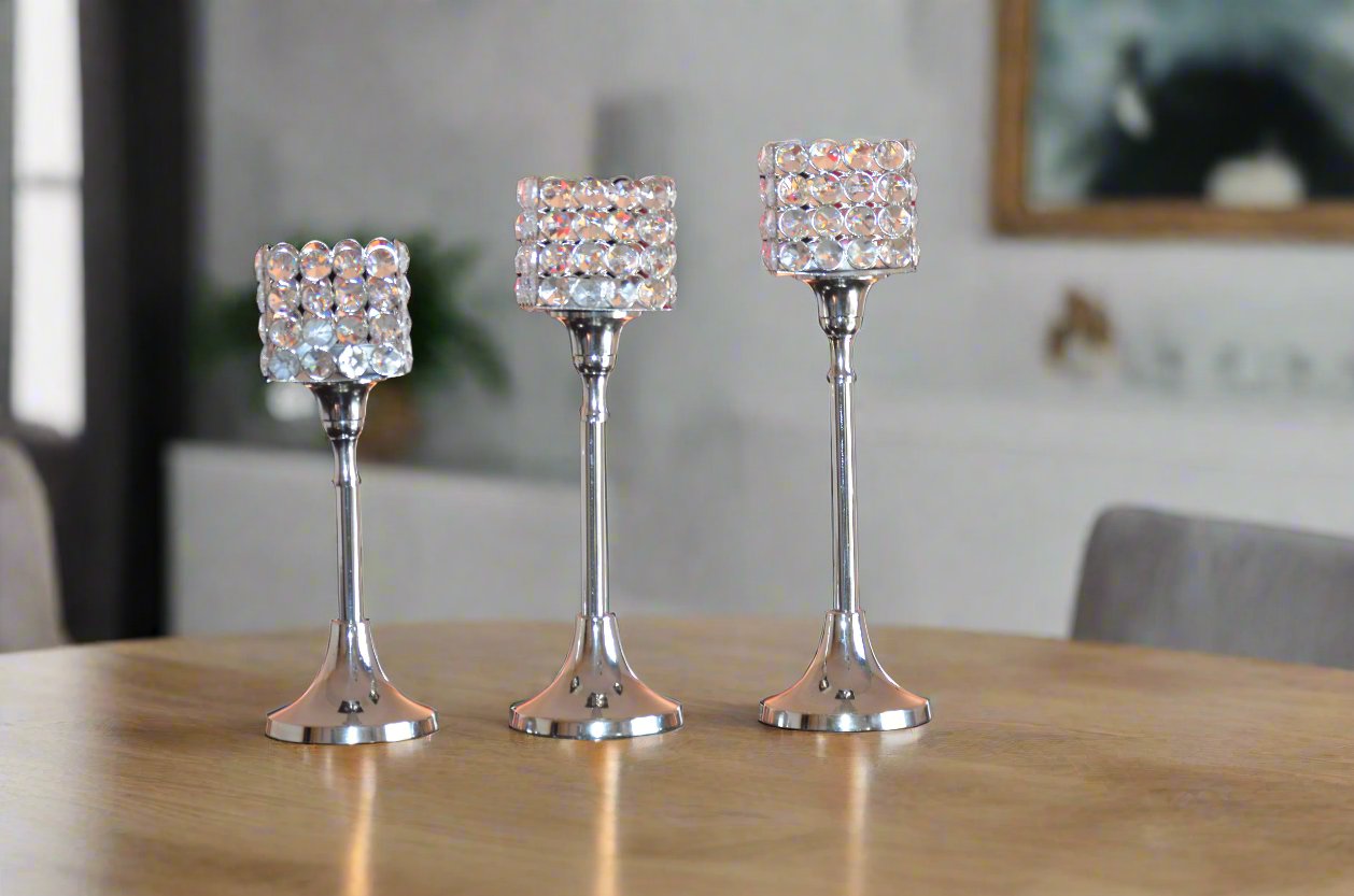 Vibhsa Crystal Aluminium Candle Holder Set of 3