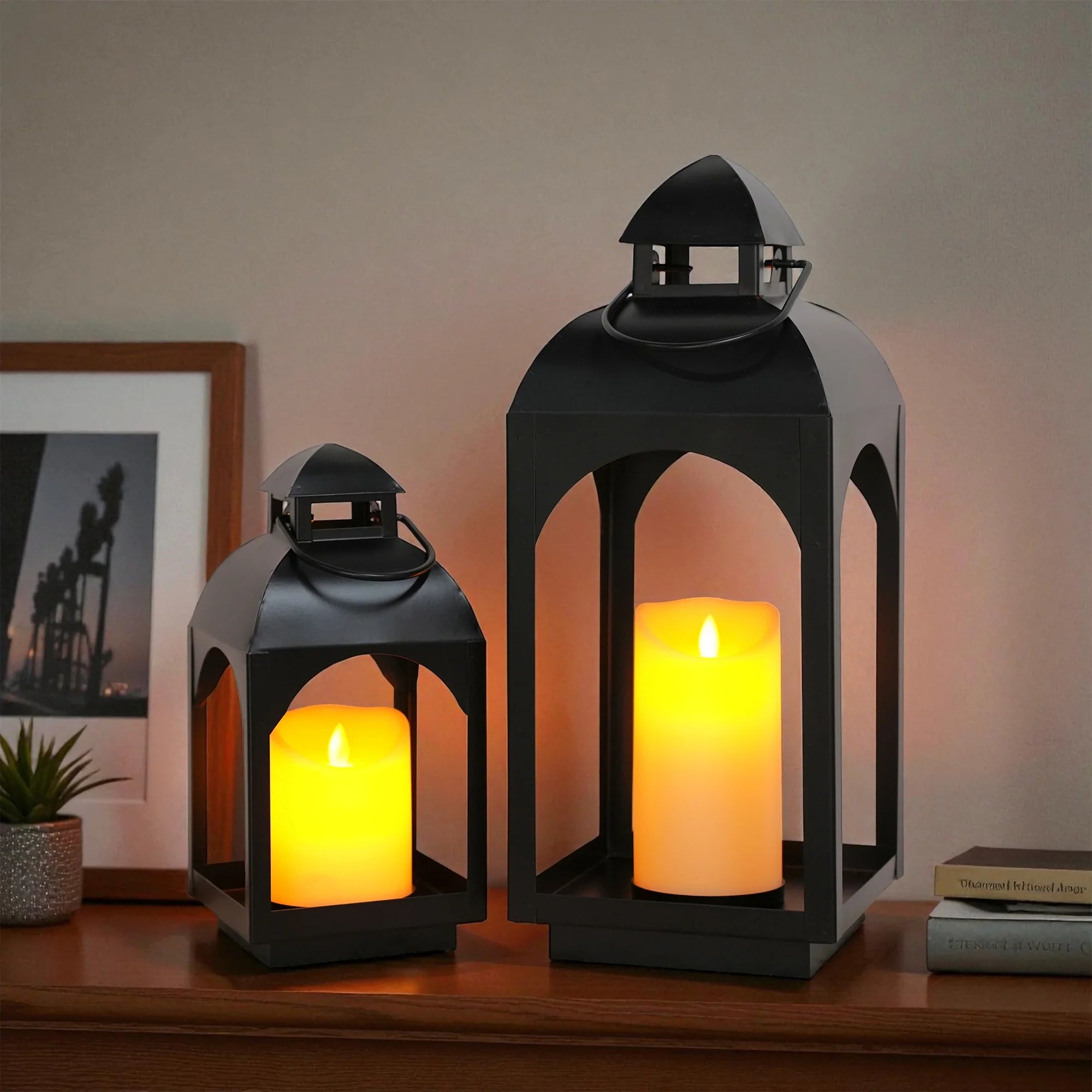 18" & 11.5" High Hanging Candle Lanterns with LED Pillar Candles-1