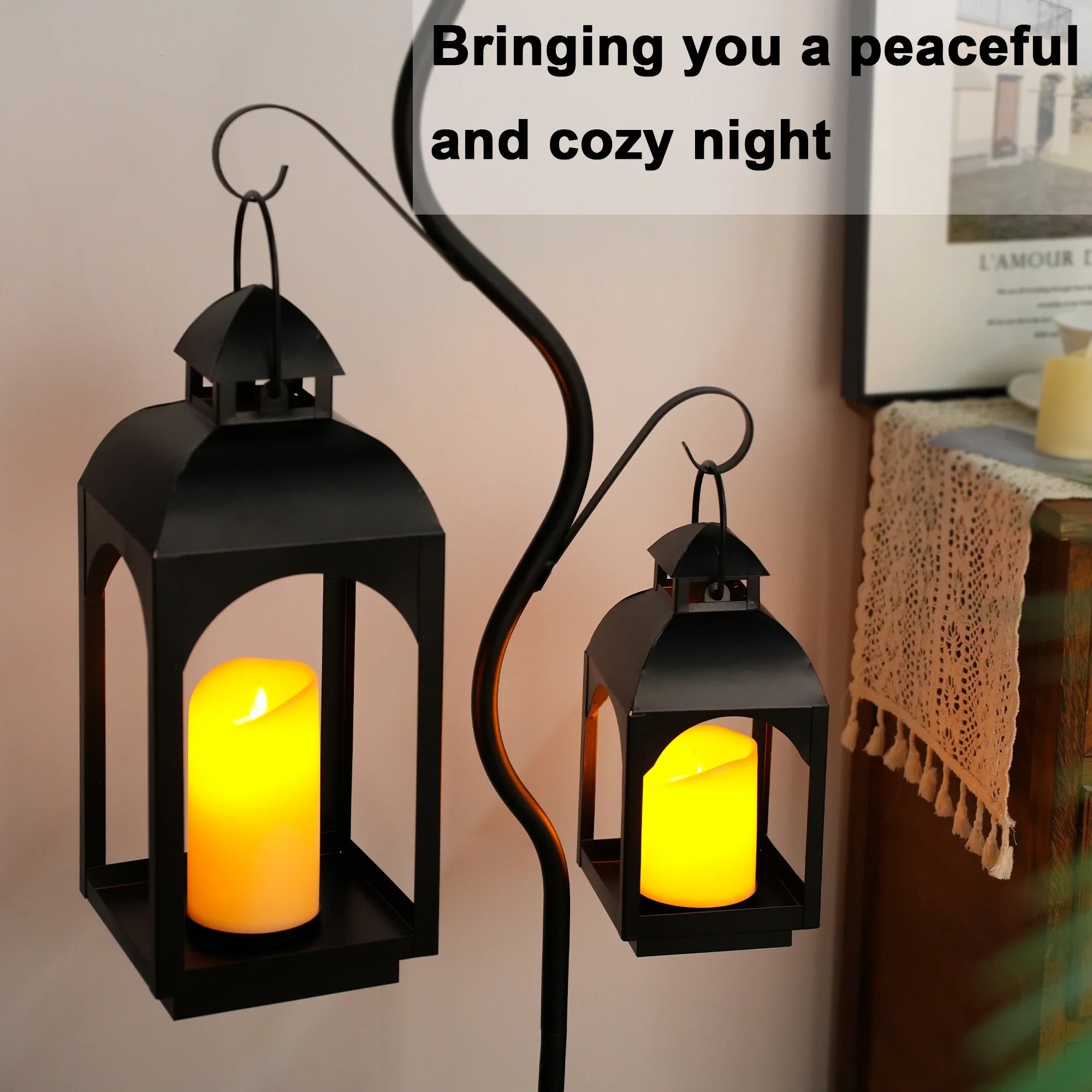 18" & 11.5" High Hanging Candle Lanterns with LED Pillar Candles-2