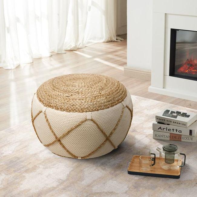 Canvello Home Santorini Cotton & Jute Pouf, Natural & Ivory-3