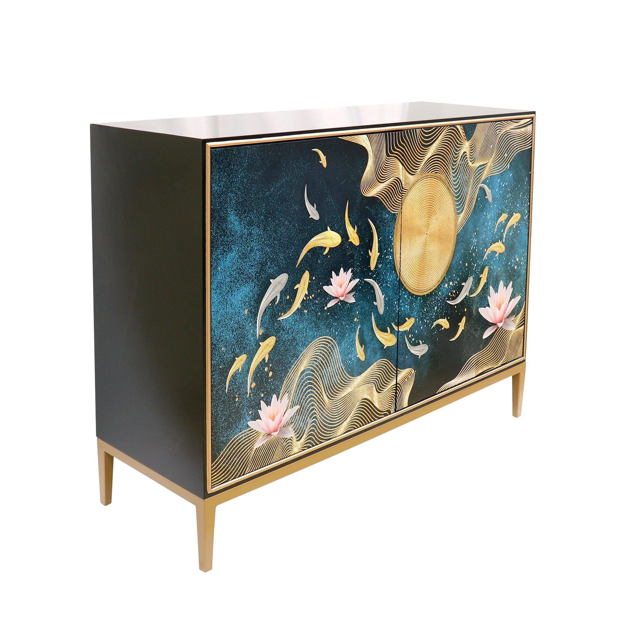 Canvello Twilight Black Cabinet, 2 Nature Print Doors with Bronze Metal Frame-1