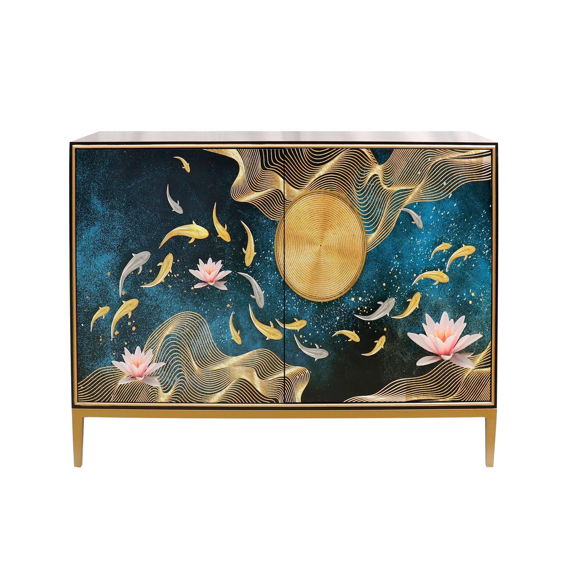 Canvello Twilight Black Cabinet, 2 Nature Print Doors with Bronze Metal Frame-0