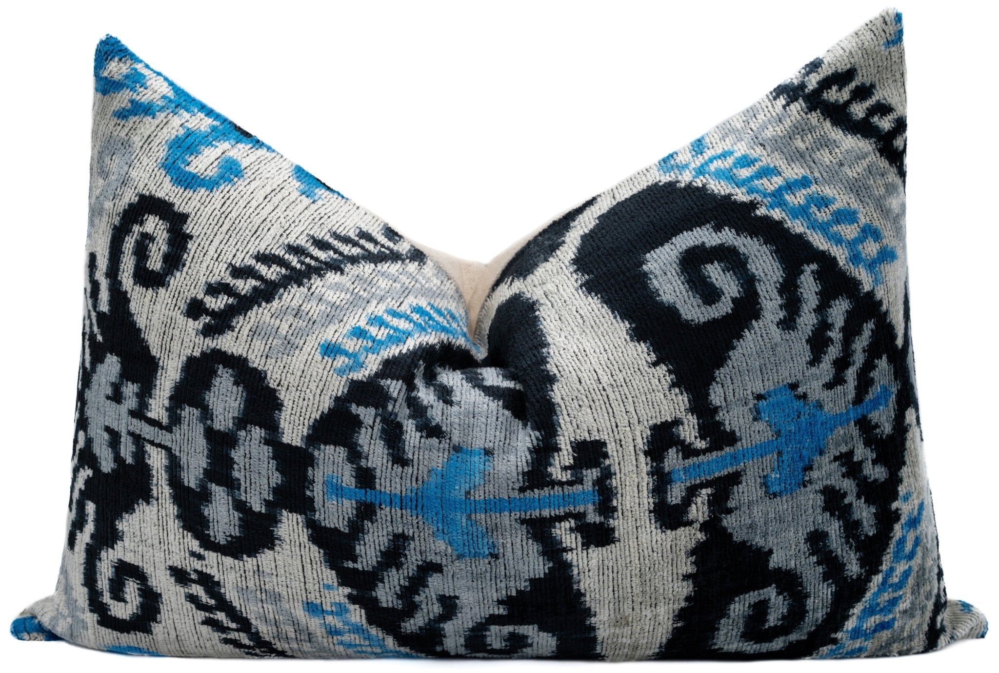 Canvello Unique THROW PILLOW, + Down Feather, Couch Cushion, Luxury Fabric, Decorative Black Blue Silk VELVET Ikat Lumbar Throw Pillow 16X24-0