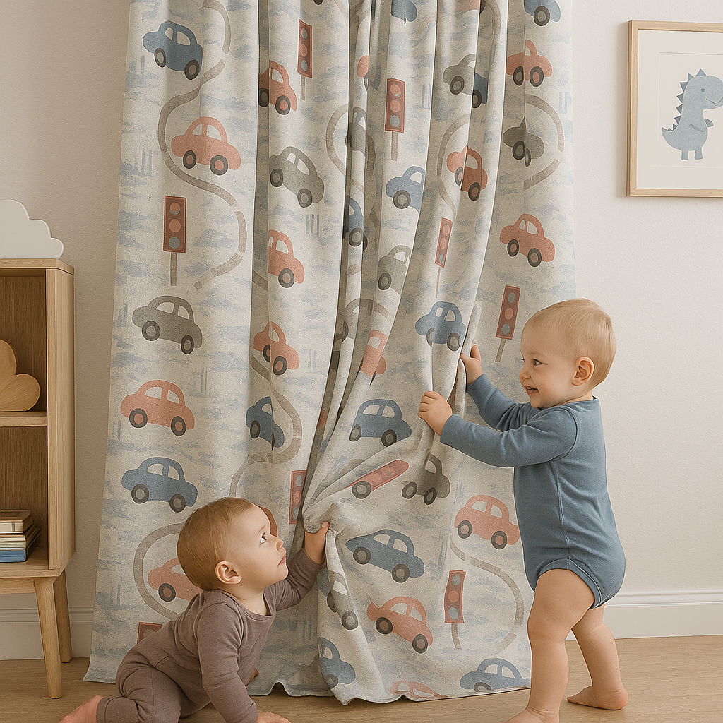 Pure Linen Kids Curtain with Playful Road & Car Print – Light Filtering or Blackout Liner | Standard Sizes & Made to Measure-1