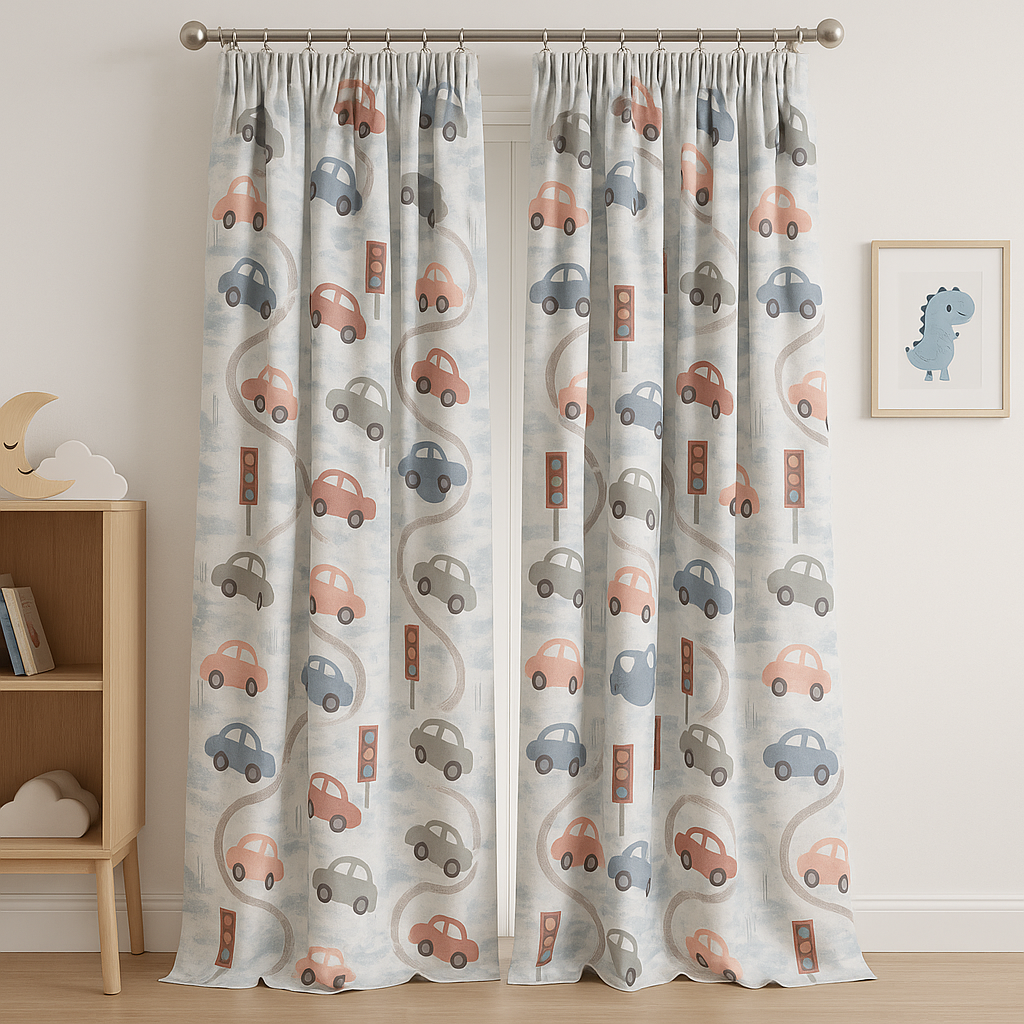 Pure Linen Kids Curtain with Playful Road & Car Print – Light Filtering or Blackout Liner | Standard Sizes & Made to Measure-2