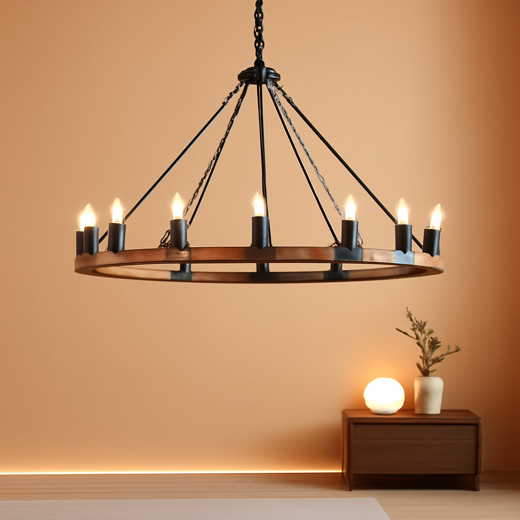 38 Inches Rustic Wooden Wagon Wheel Chandelier Black-0