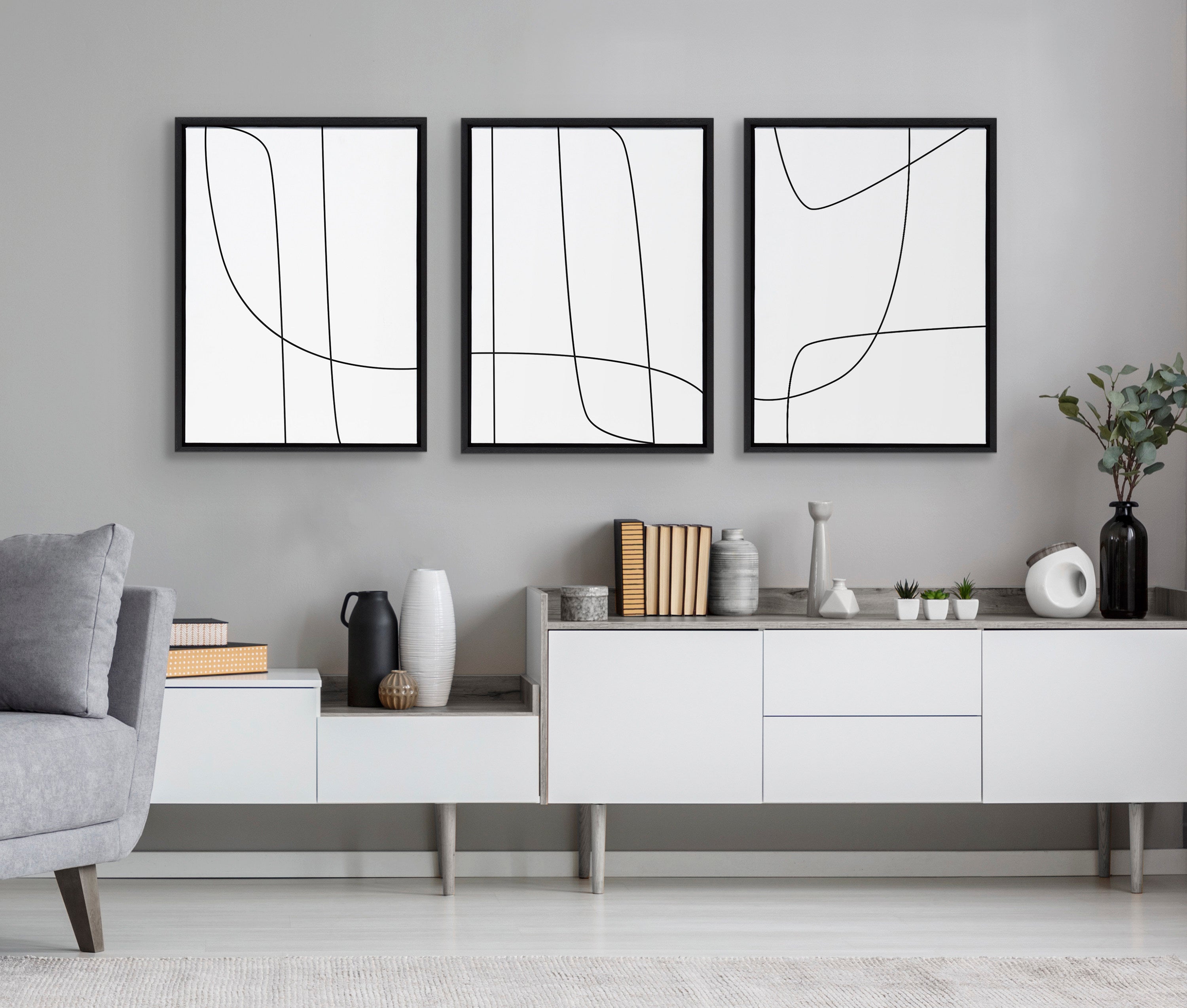 Sylvie Modern Line Abstract Black and White Framed Canvas Set by The Creative Bunch Studio
