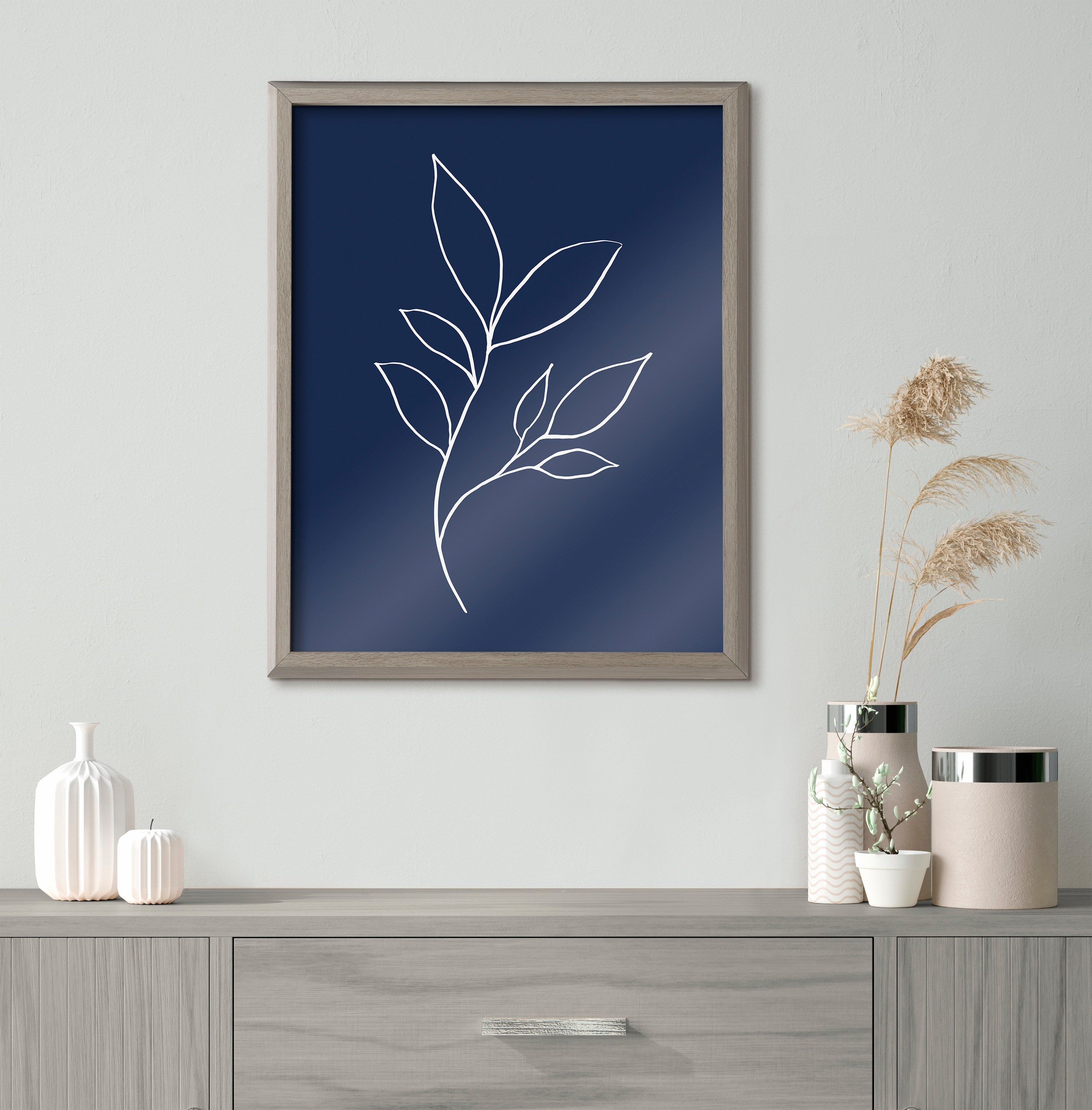 Blake Modern Blue Botanical Line Sketch Print 3 Framed Printed Glass by The Creative Bunch Studio