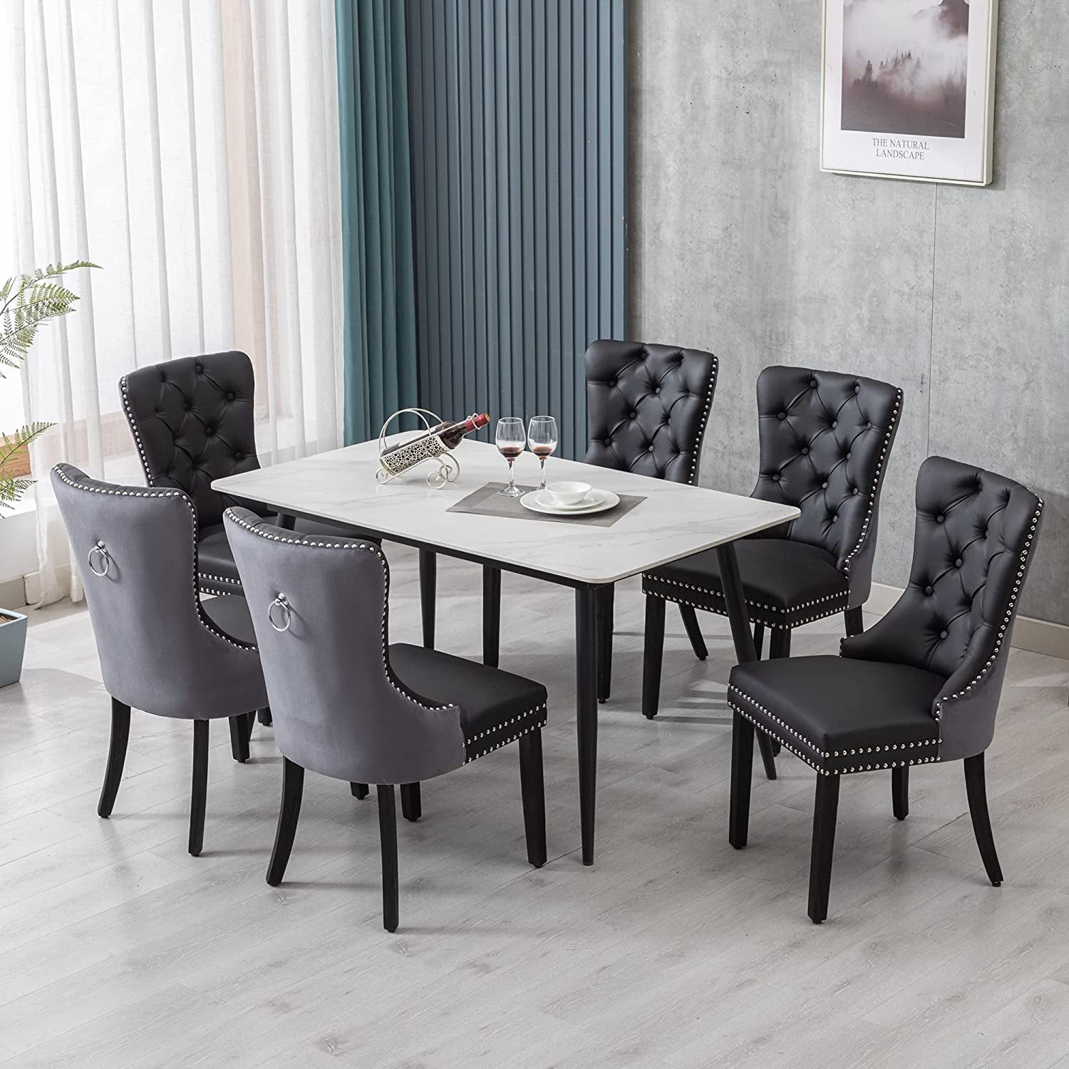 Black And Dark Grey Velvet Dining Chairs Set Of 6 With Nailhead Trim Pull Ring