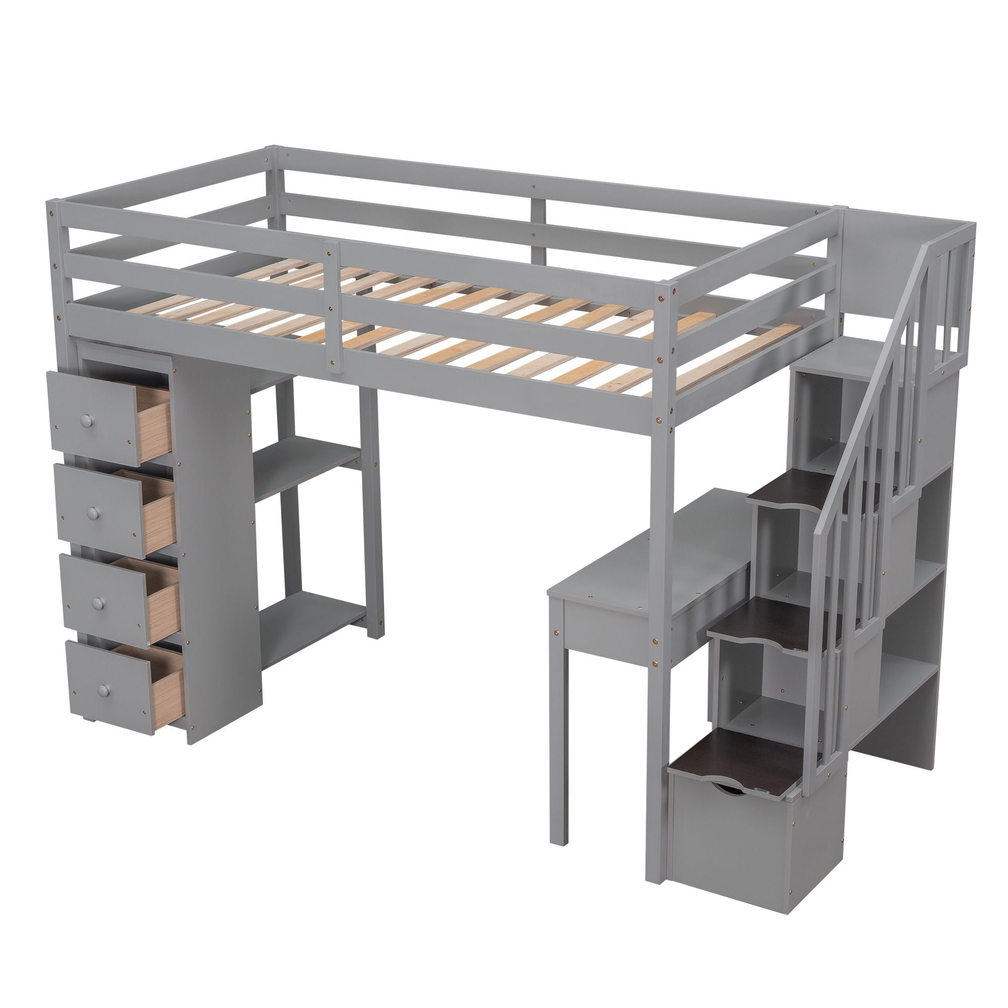 Loft Bed With Storage Drawers, Desk And Stairs With Shelves
