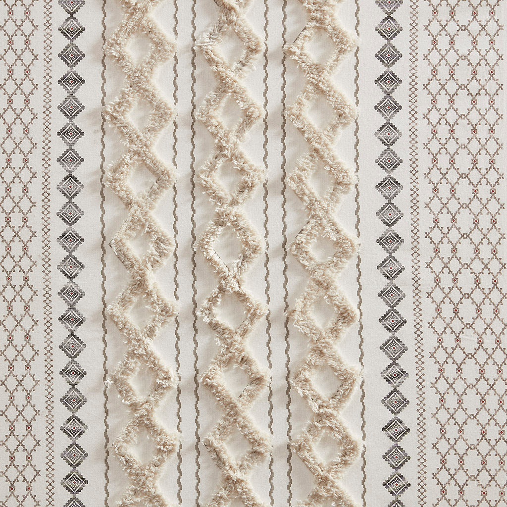 Cotton Printed Curtain Panel with Chenille Stripe and Lining Ivory 50x95