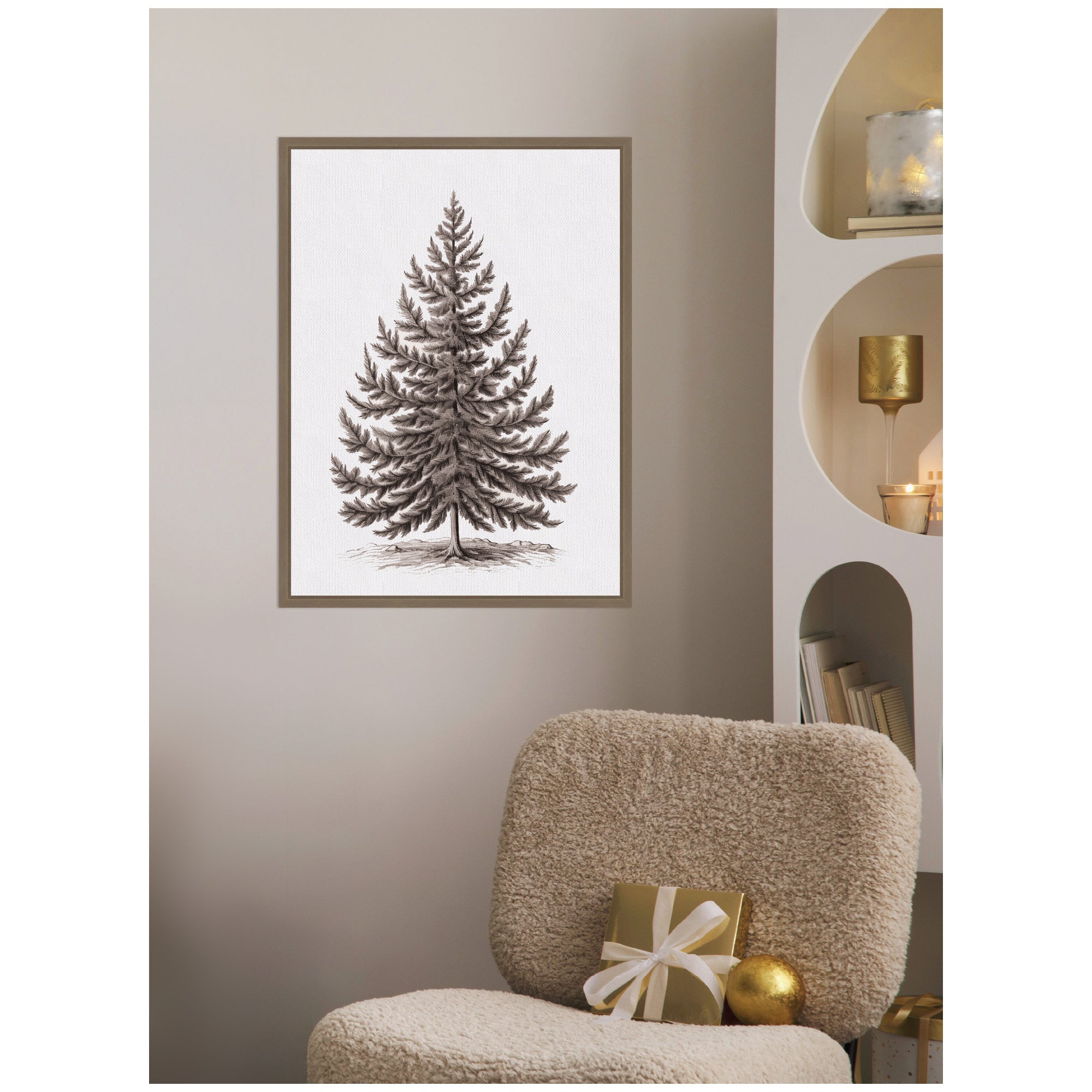 Sylvie Framed Canvas Vintage Evergreen Fir Tree lllustration I by The Creative Bunch Studio