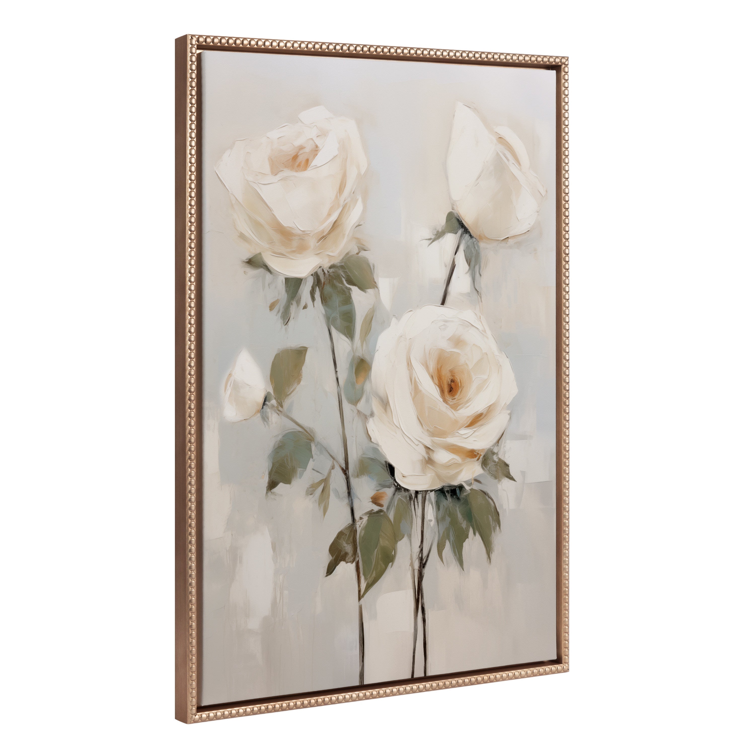Sylvie Beaded Soft White Roses Framed Canvas by The Creative Bunch Studio
