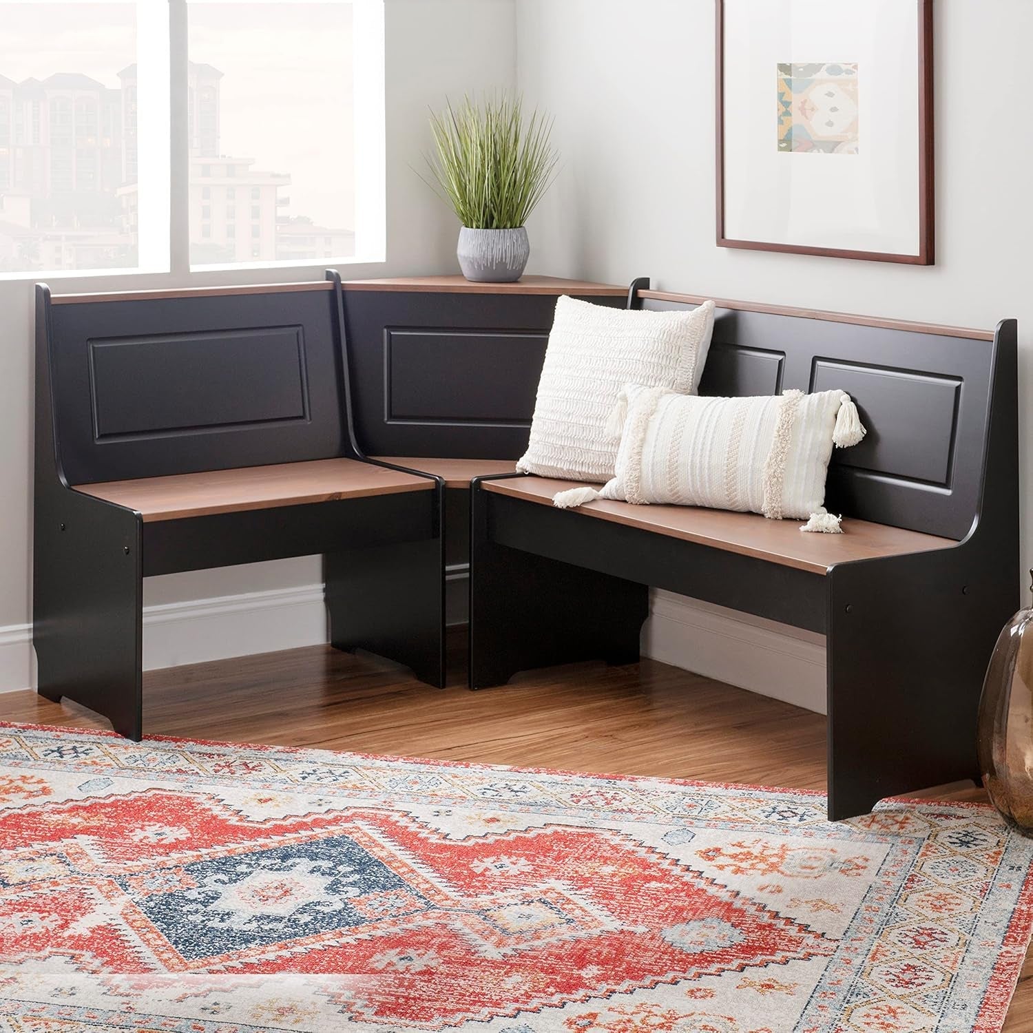 Black Pecan Five Seat Dining Set With Storage Benches