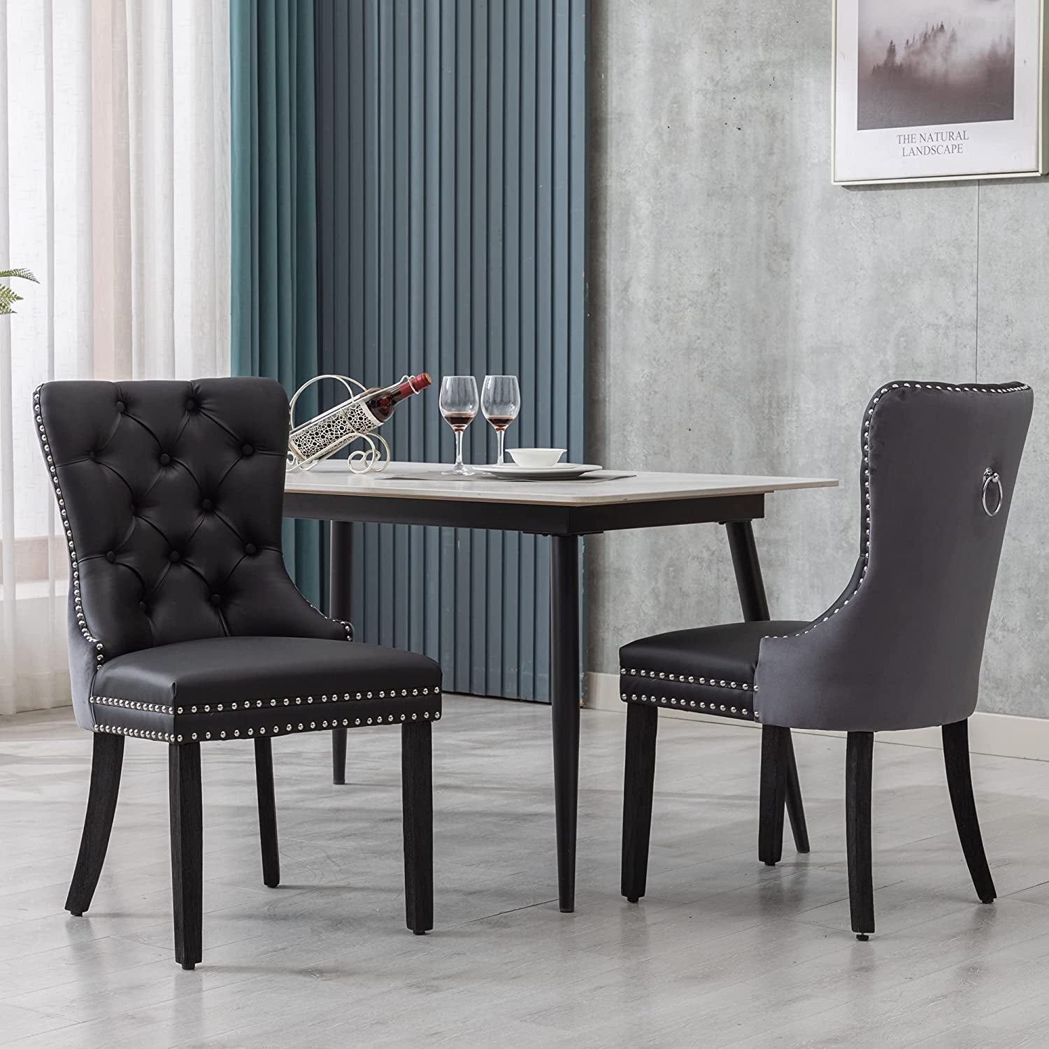Black And Dark Grey Velvet Dining Chairs Set Of 6 With Nailhead Trim Pull Ring
