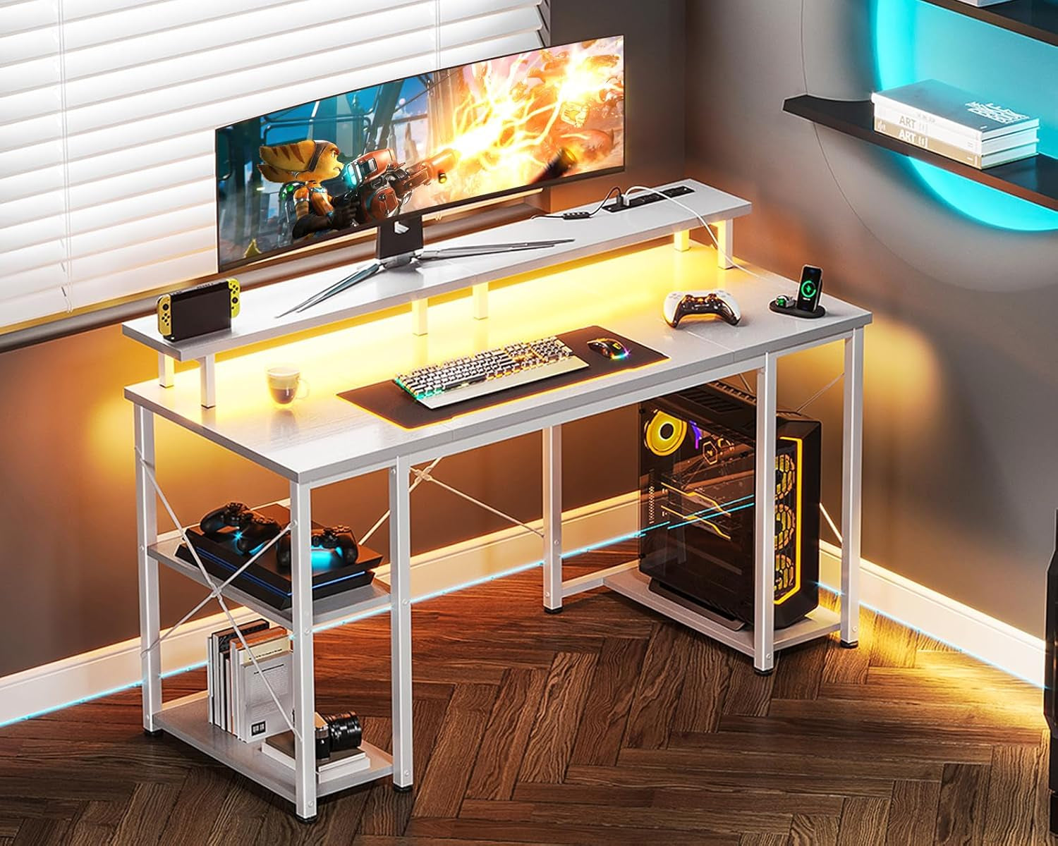 48 Inch LED Gaming Desk With Power Outlets Monitor Stand