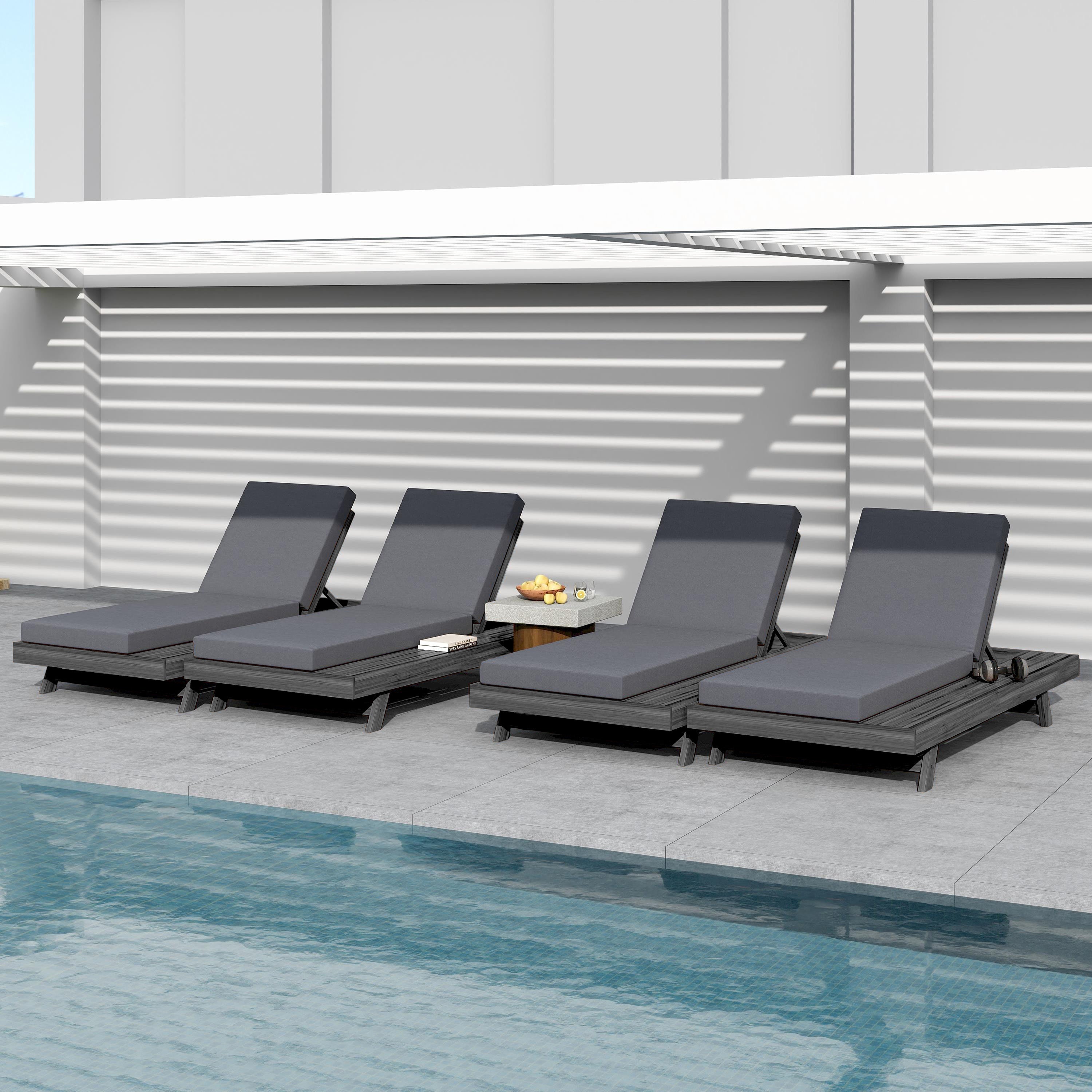 Lounge Chaise Set in Black Acacia Wood with Water-Resistant Cushions