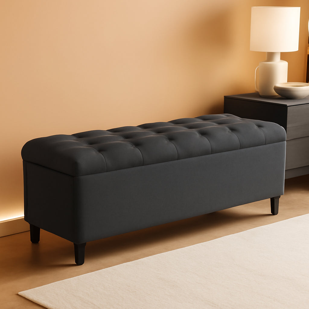 Dark Grey Tufted Fabric Storage Ottoman 17.5 In Depth