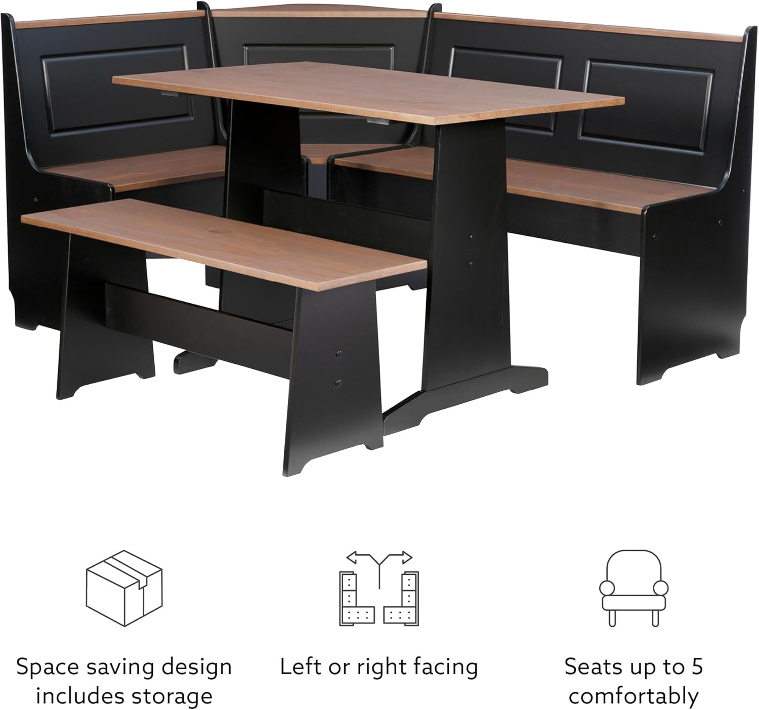 Black Pecan Five Seat Dining Set With Storage Benches
